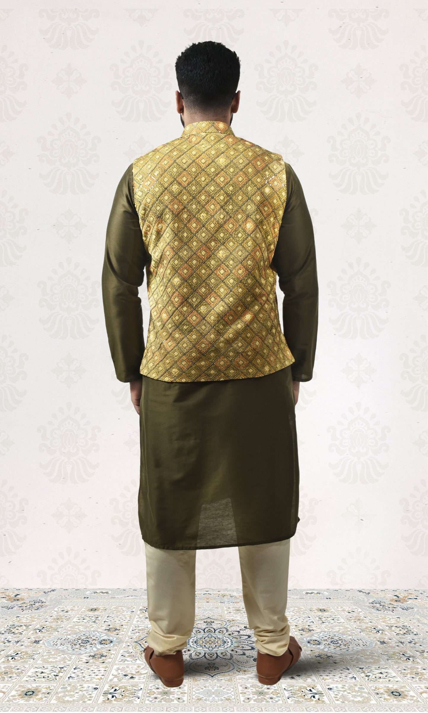 Saffron Luxe Jacket with Geometric Pashmina & Sequin Weave