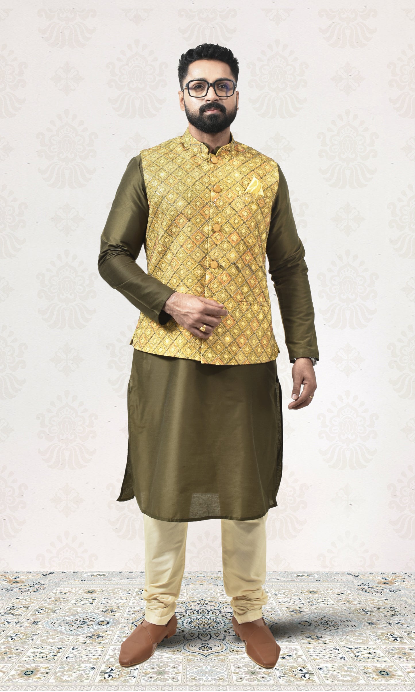 Saffron Luxe Jacket with Geometric Pashmina & Sequin Weave