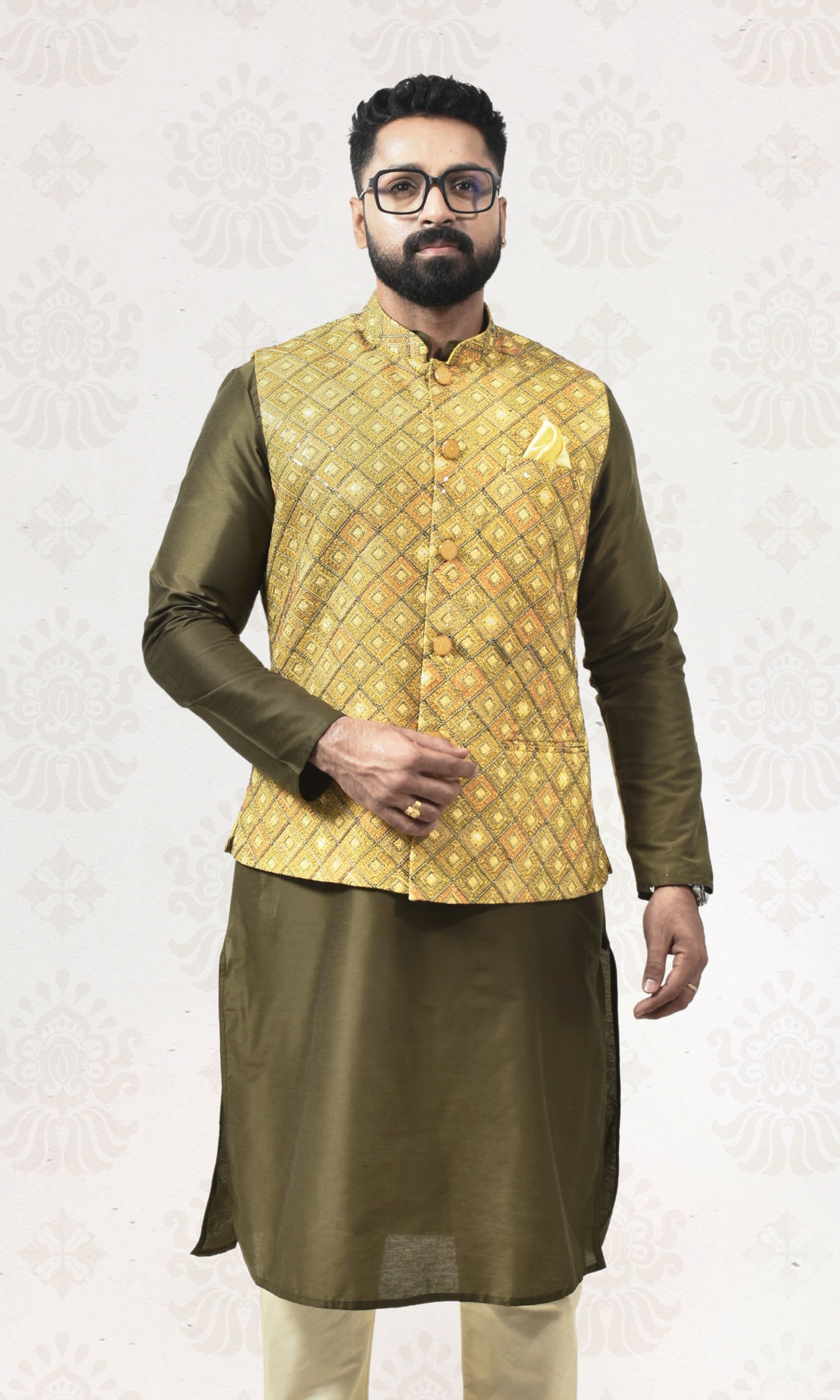 Saffron Luxe Jacket with Geometric Pashmina & Sequin Weave
