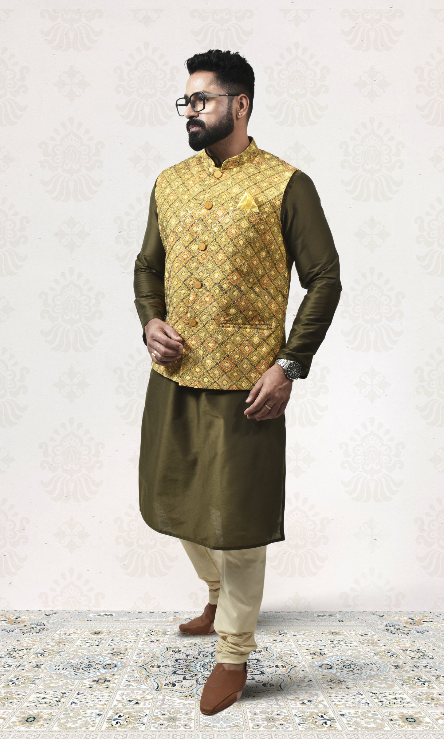 Saffron Luxe Jacket with Geometric Pashmina & Sequin Weave