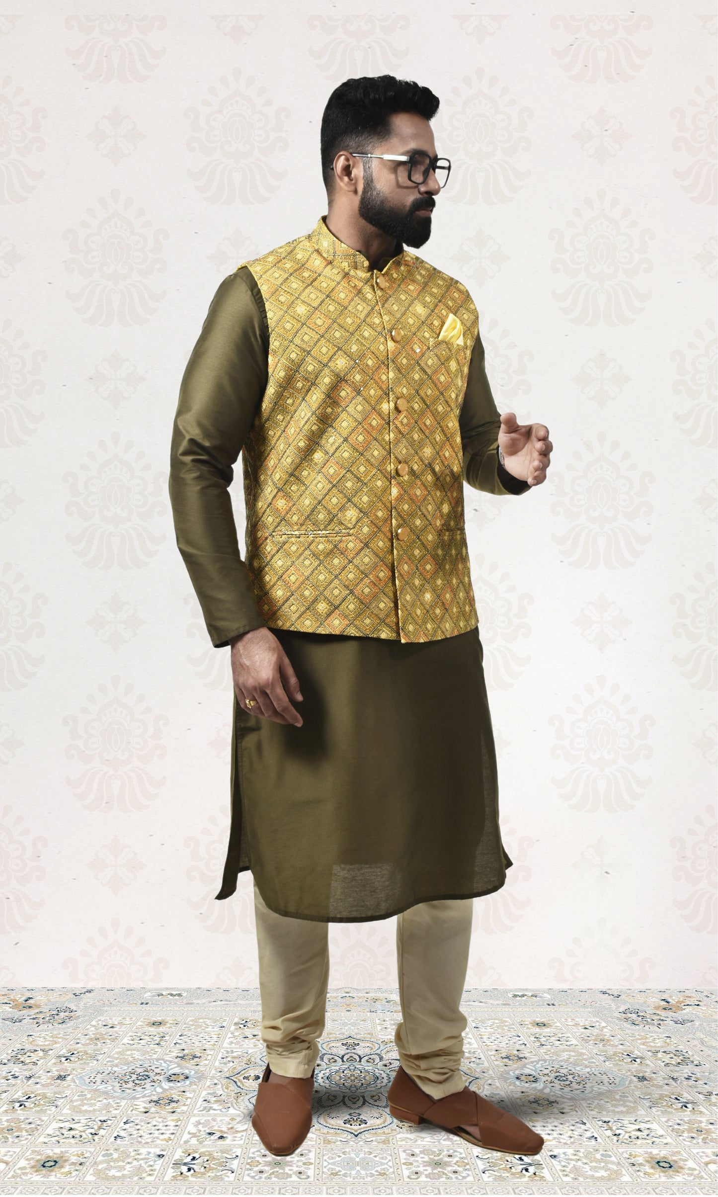 Saffron Luxe Jacket with Geometric Pashmina & Sequin Weave