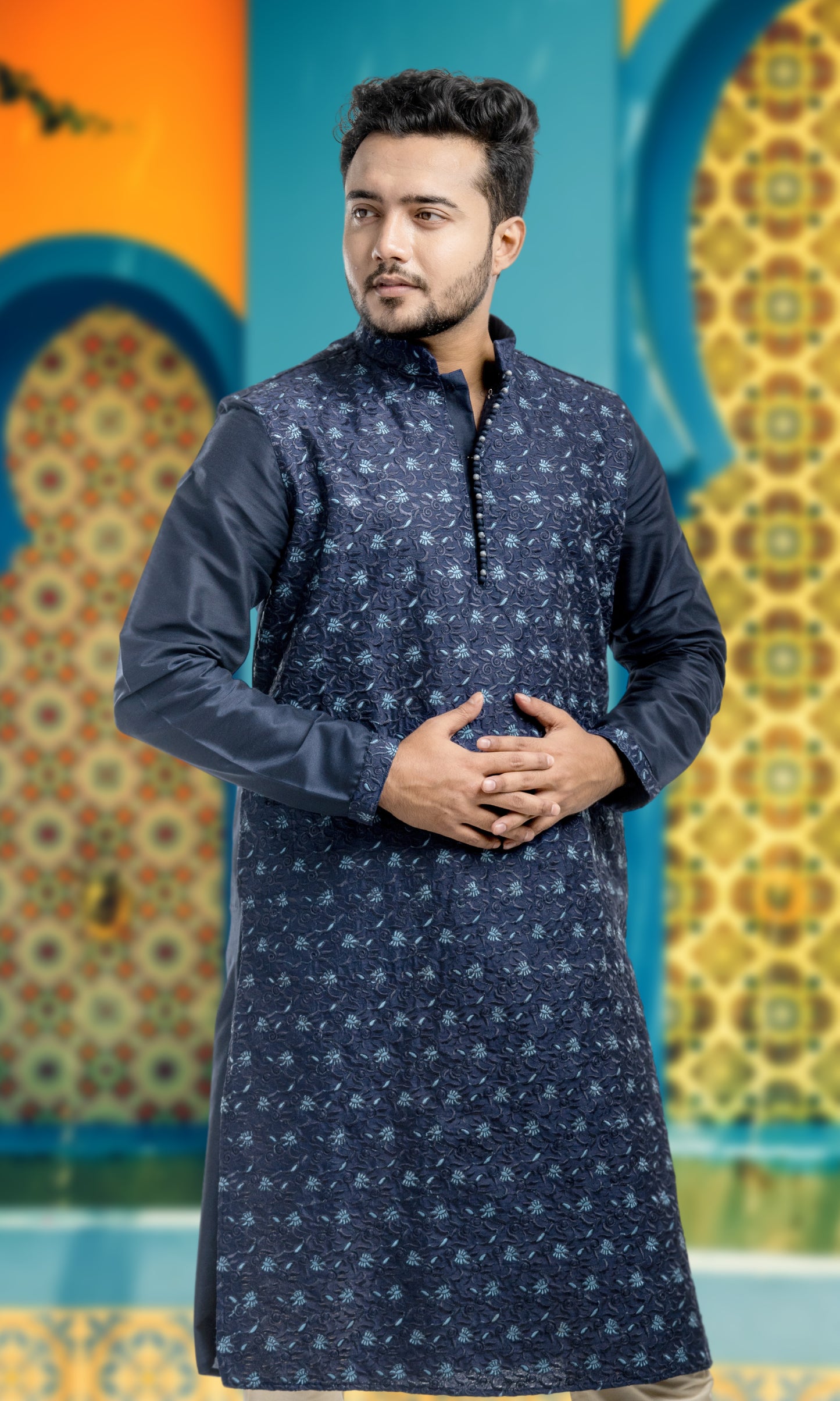 MIDNIGHT BLUE EMBROIDERED SILK KURTA WITH POTLI BUTTONS