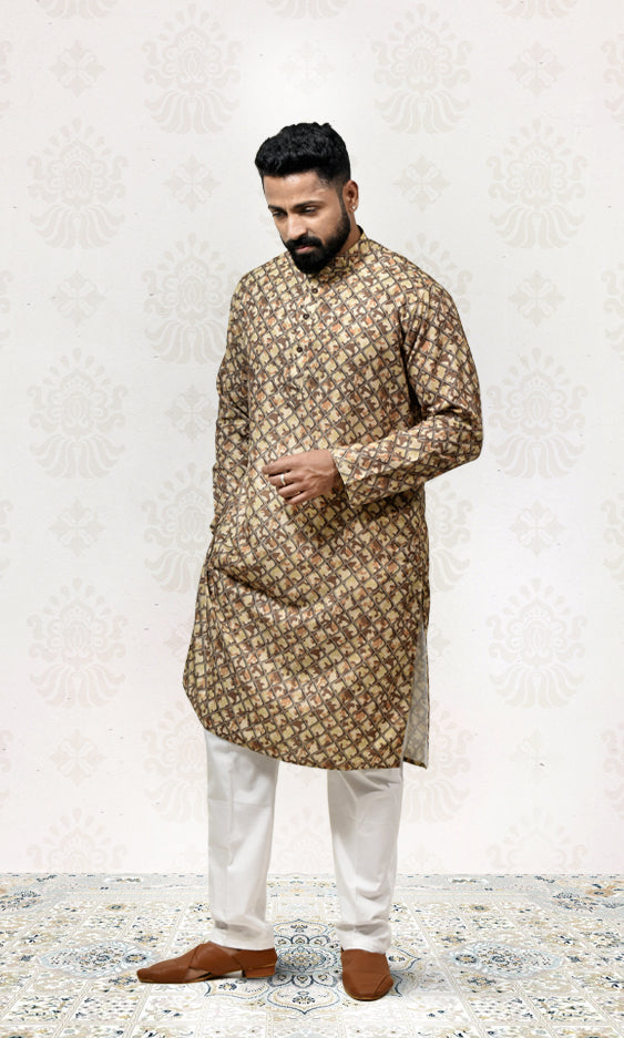 Earthy Camouflage Safari Kurta with Royal Grid Printed Jacket