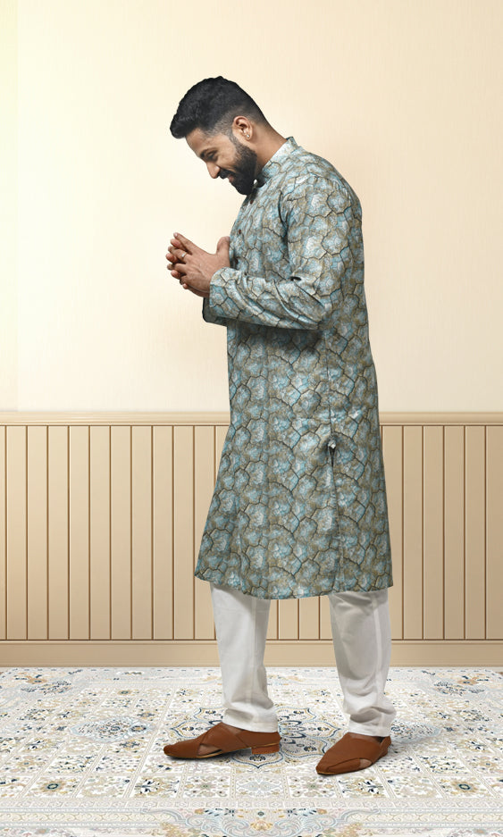 Mystic Teal Verdant Riftstone Kurta with Luminescent Gold Webbing