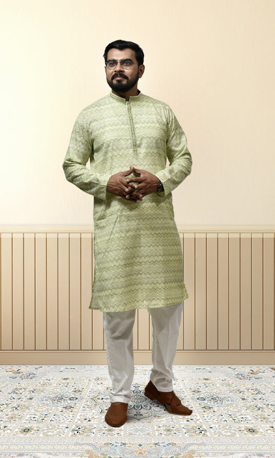 Pastel Mist Green Kurta with Embossed Zigzag Detailing