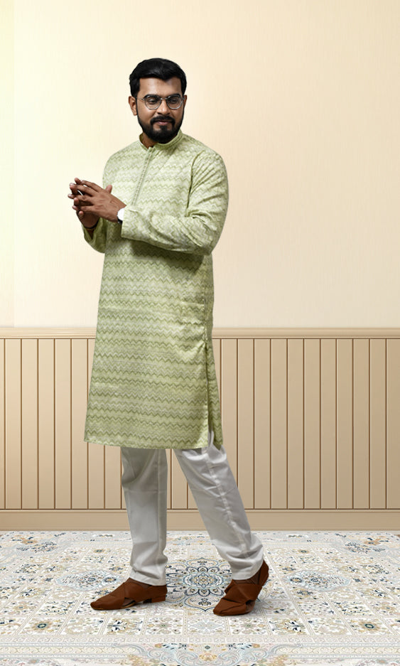 Pastel Mist Green Kurta with Embossed Zigzag Detailing
