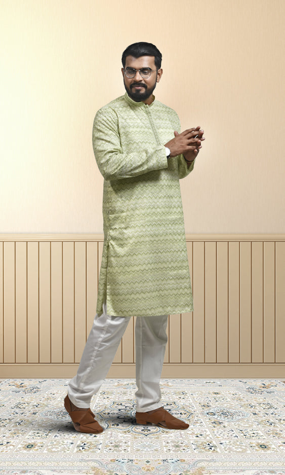 Pastel Mist Green Kurta with Embossed Zigzag Detailing