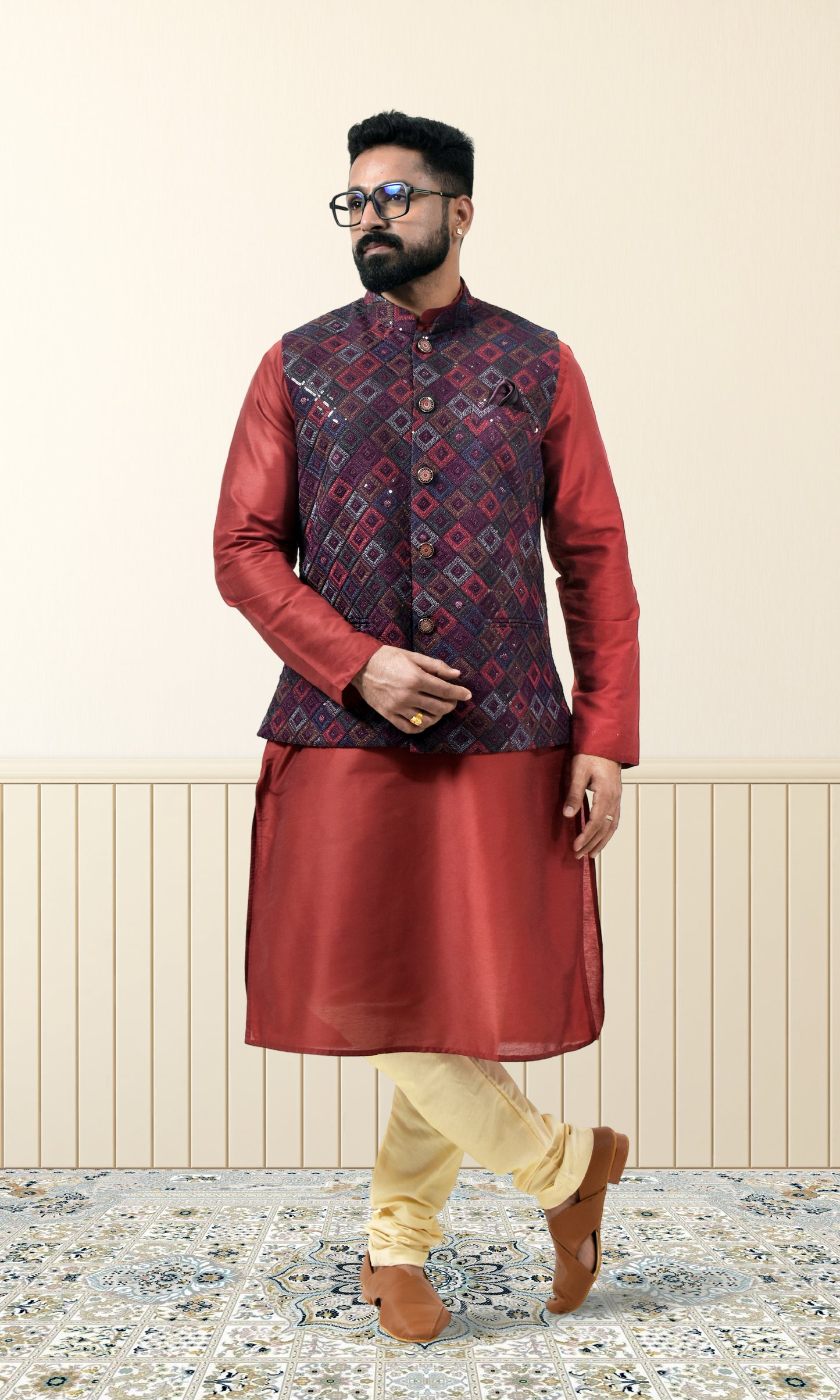 Mulberry Wine Luxe Jacket with Geometric Pashmina & Sequin Weave