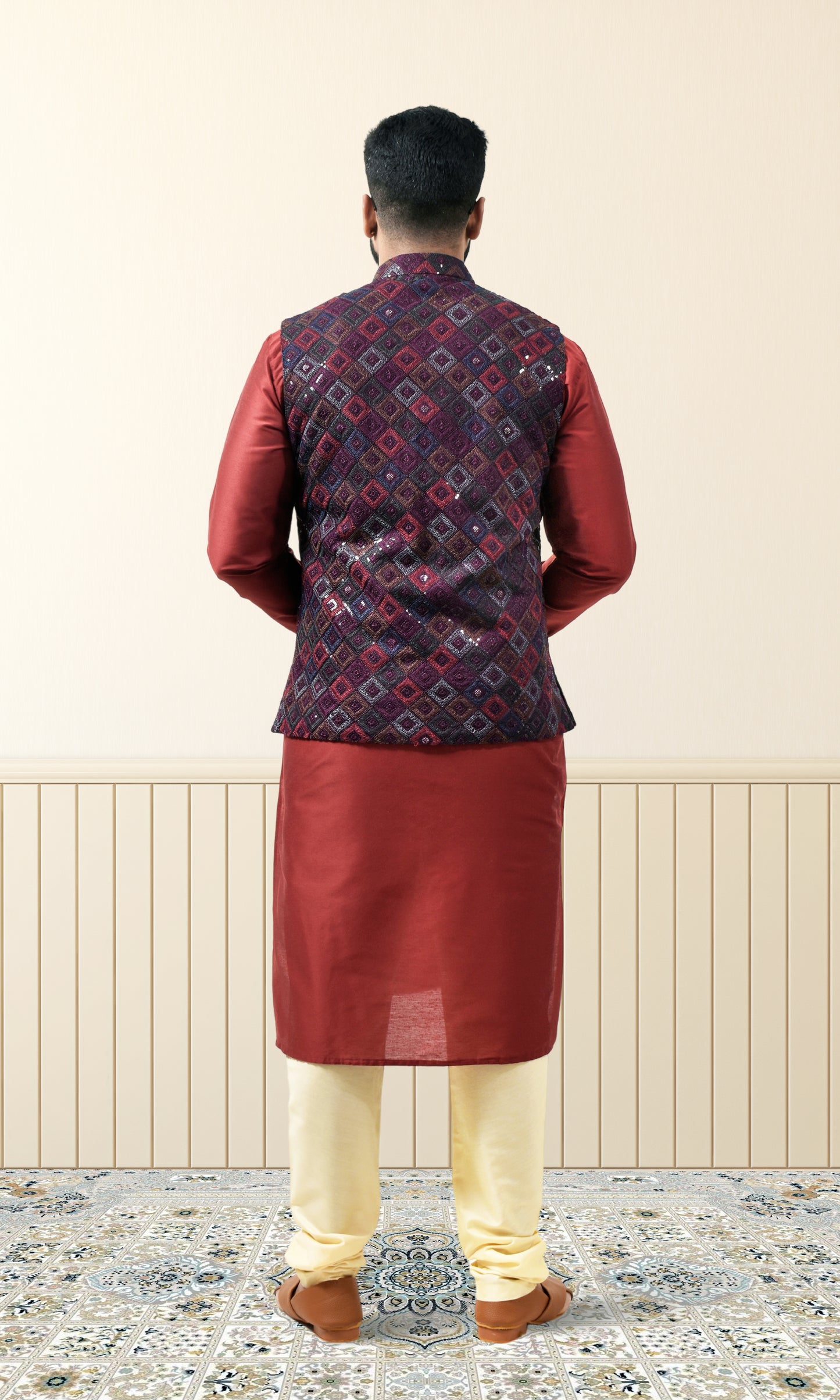 Mulberry Wine Luxe Jacket with Geometric Pashmina & Sequin Weave