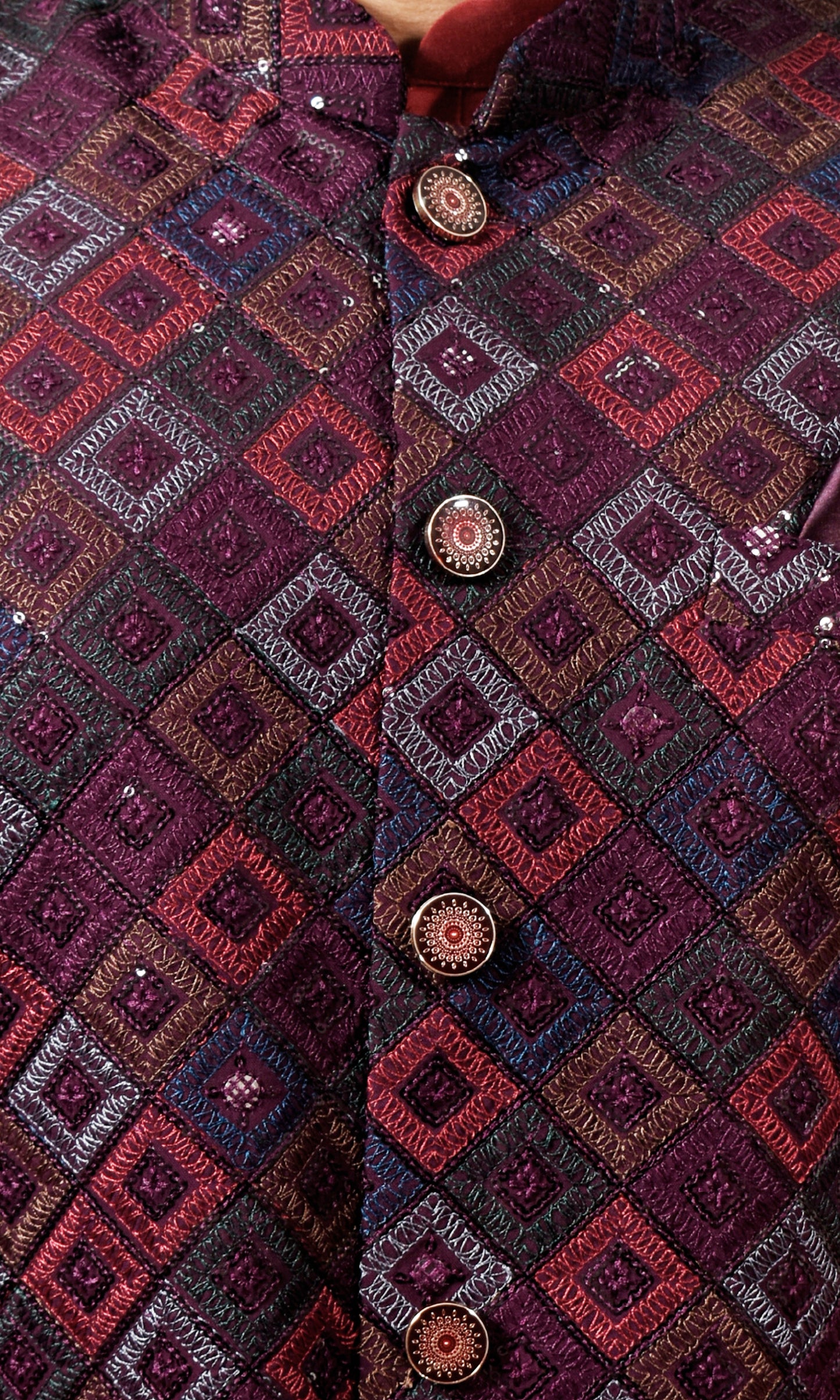 Mulberry Wine Luxe Jacket with Geometric Pashmina & Sequin Weave