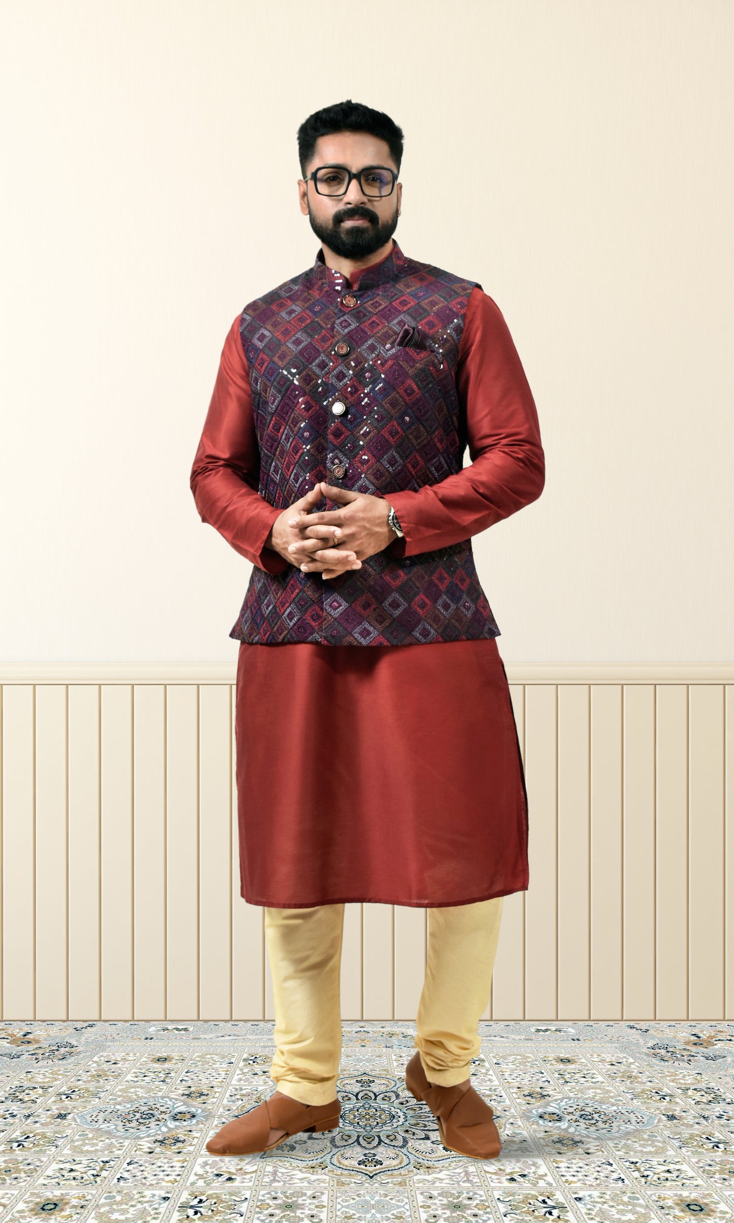 Mulberry Wine Luxe Jacket with Geometric Pashmina & Sequin Weave