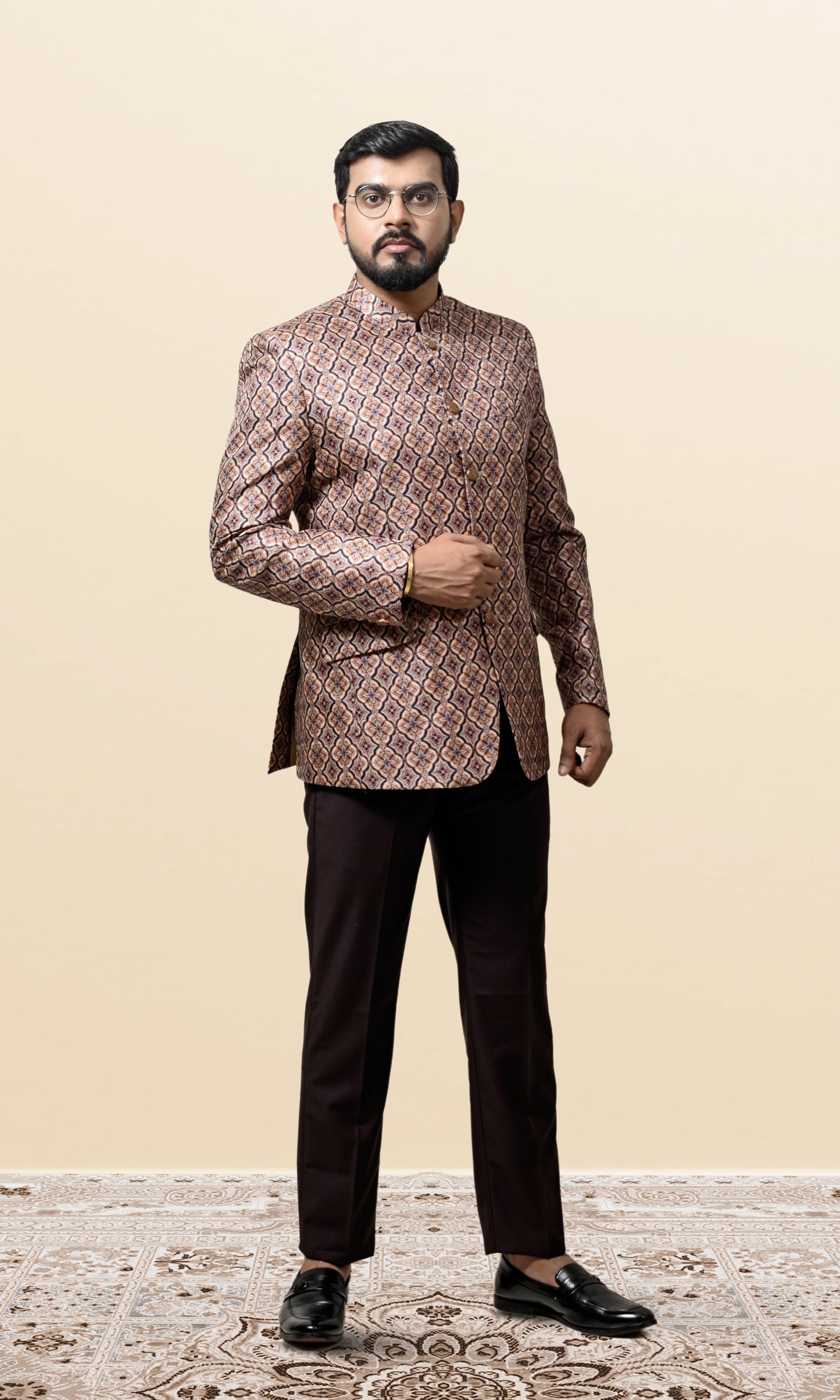Beige & Brown Intricate Floral Lattice Bandhgala