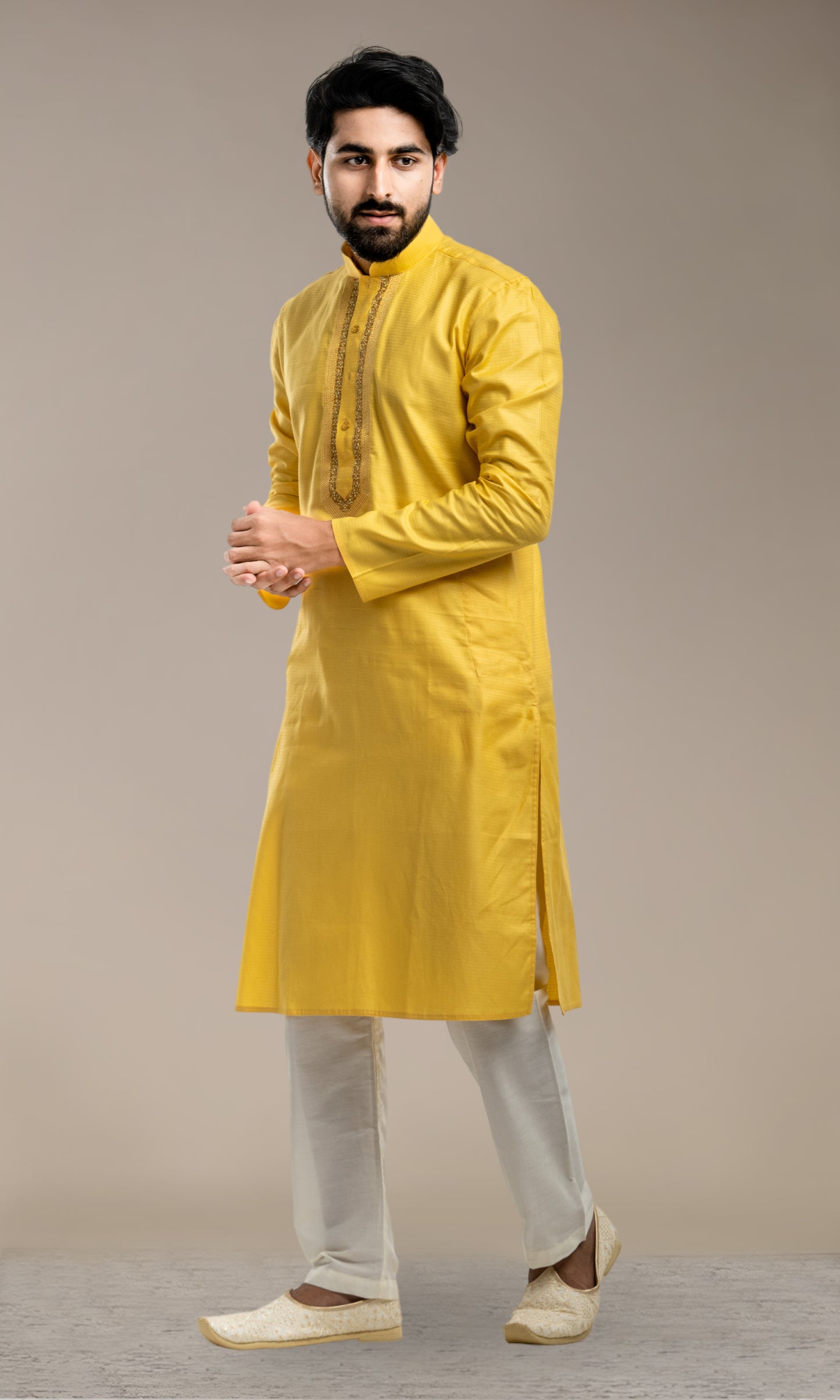 YELLOW SELF WEAVED KURTA WITH EMBROIDERED NECKLINE