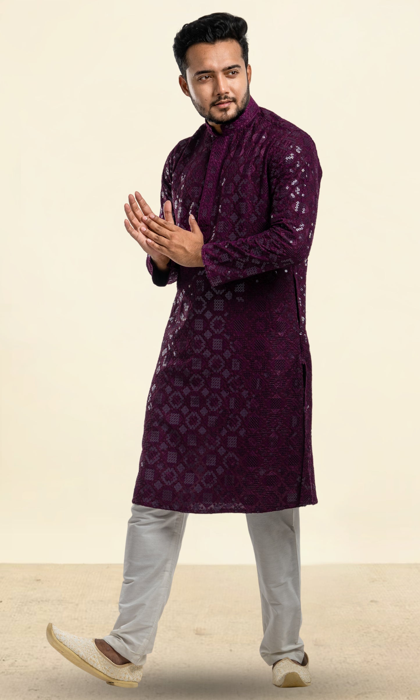 WINE SEQUIN EMBELLISHED CHIKANKARI KURTA