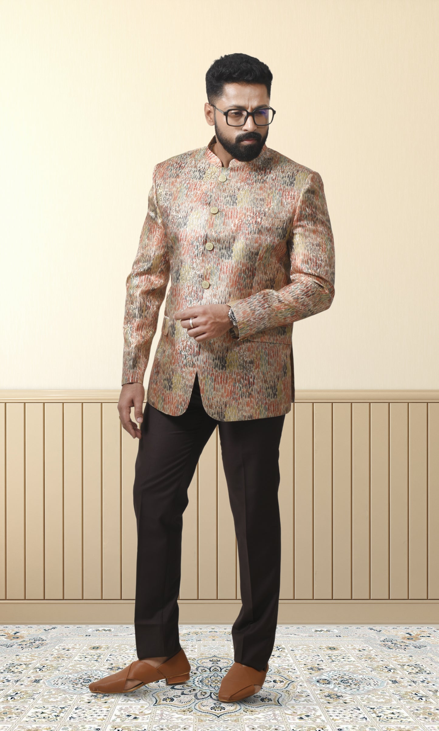 Metallic Multicolor Abstract Wave Pattern Bandhgala