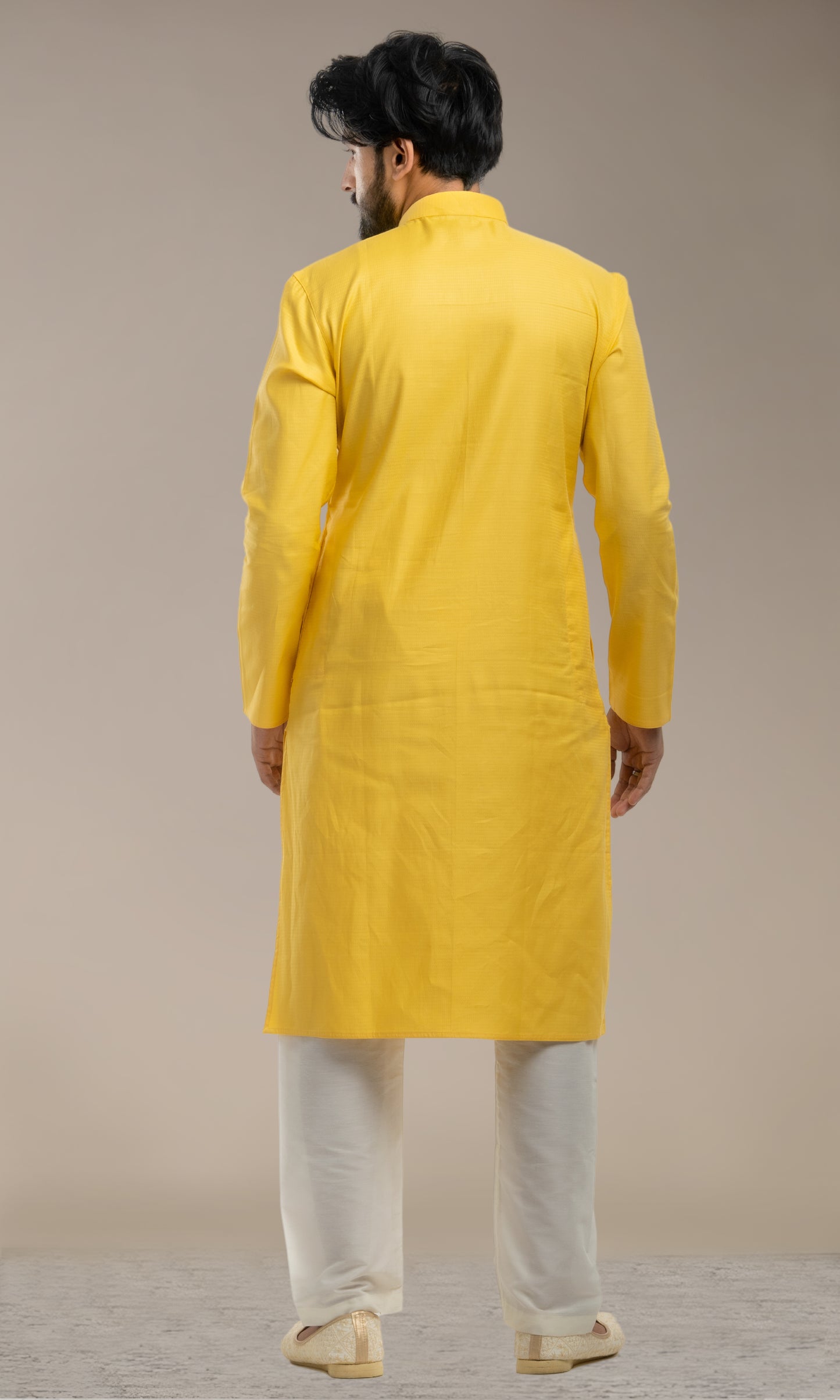 YELLOW SELF WEAVED KURTA WITH EMBROIDERED NECKLINE
