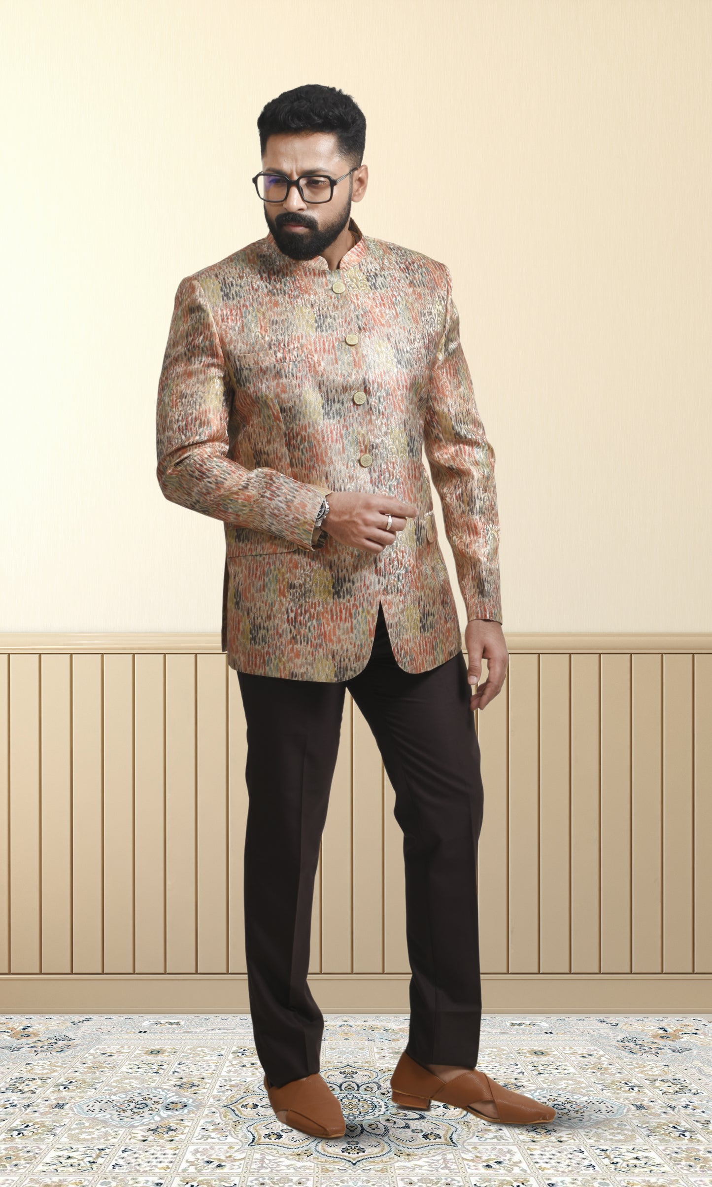 Metallic Multicolor Abstract Wave Pattern Bandhgala