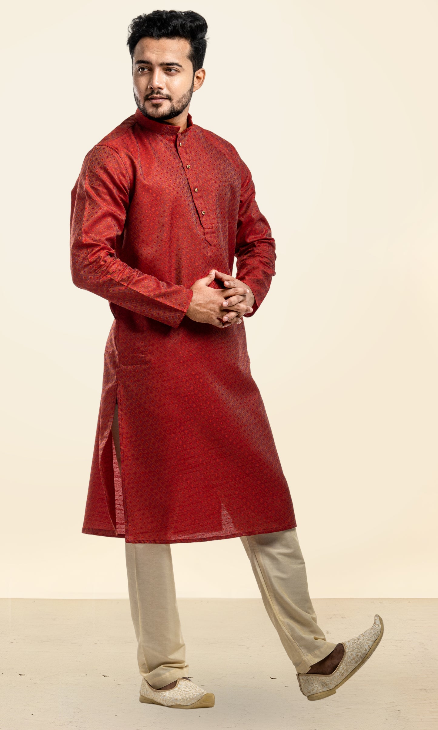 BELL PEPER RED WEAVED GEOMETRIC PATTERN KURTA