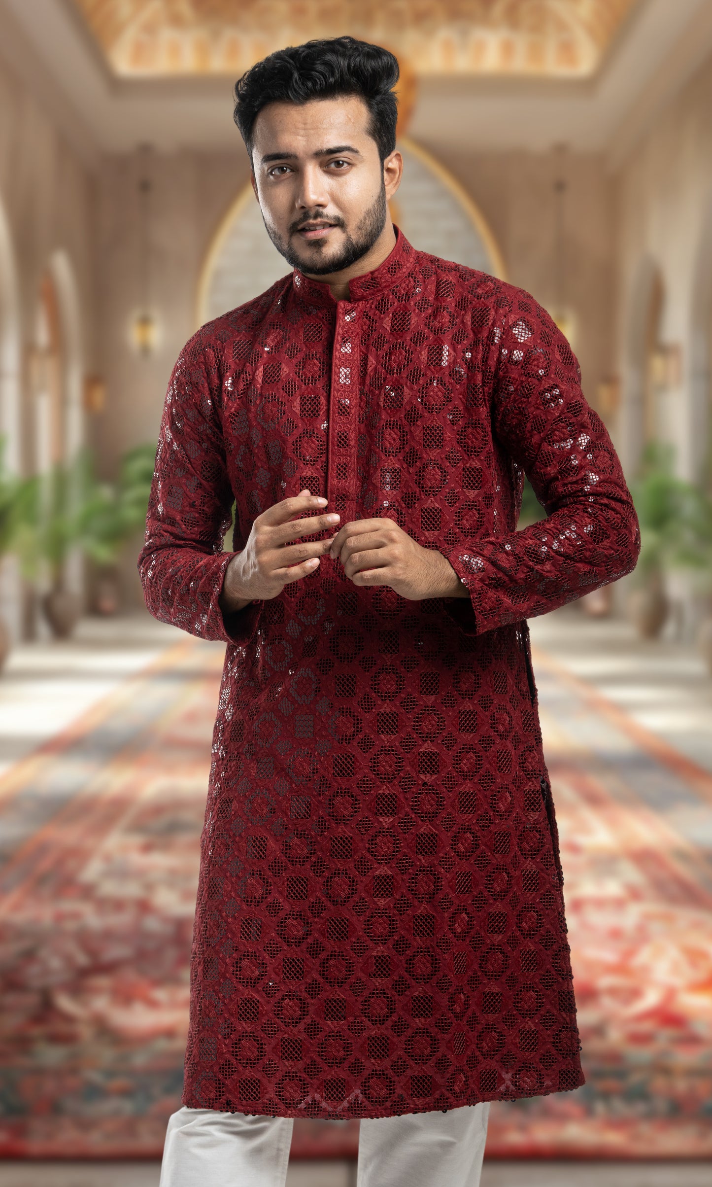 MAROON SEQUIN EMBELLISHED CHIKANKARI KURTA