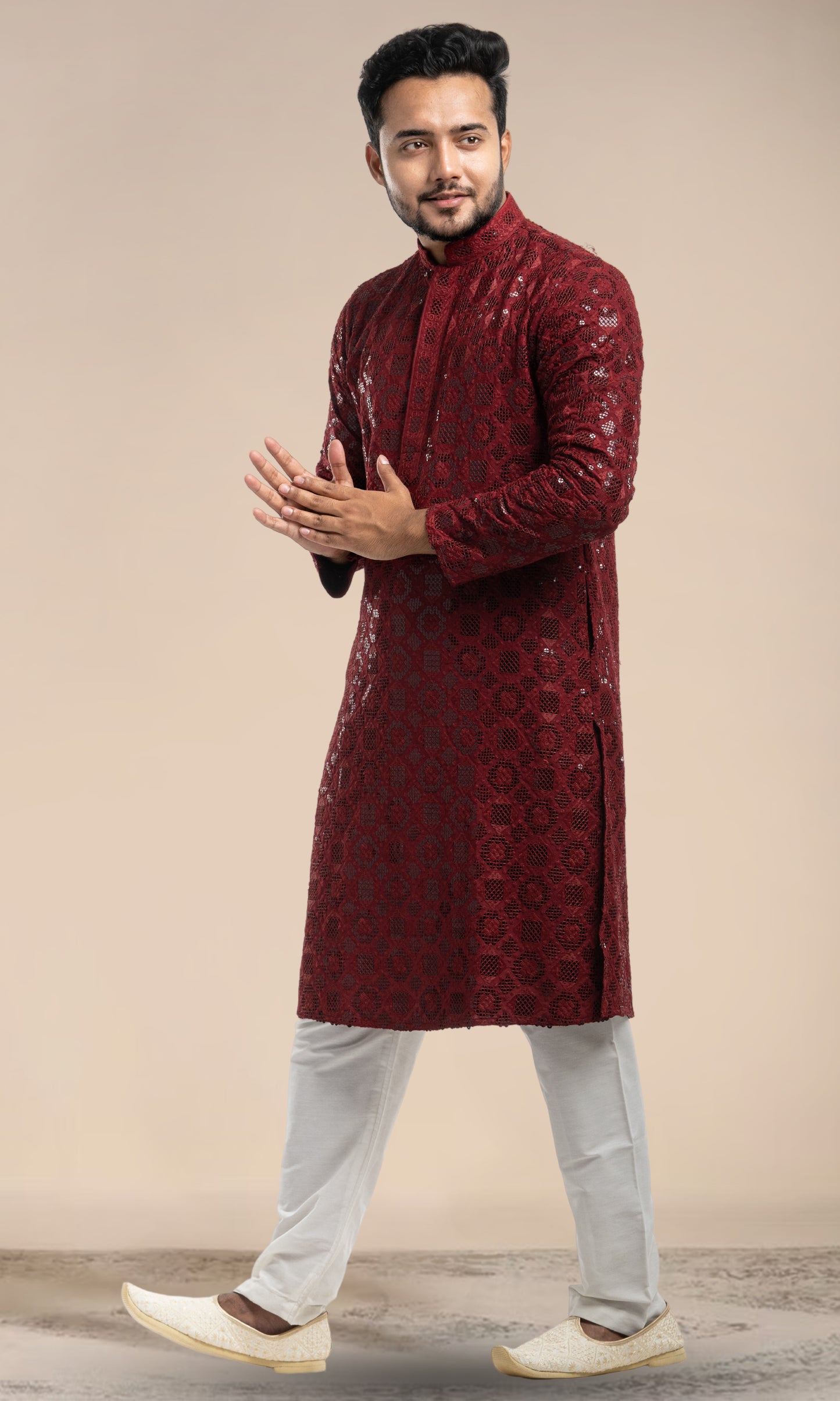 MAROON SEQUIN EMBELLISHED CHIKANKARI KURTA