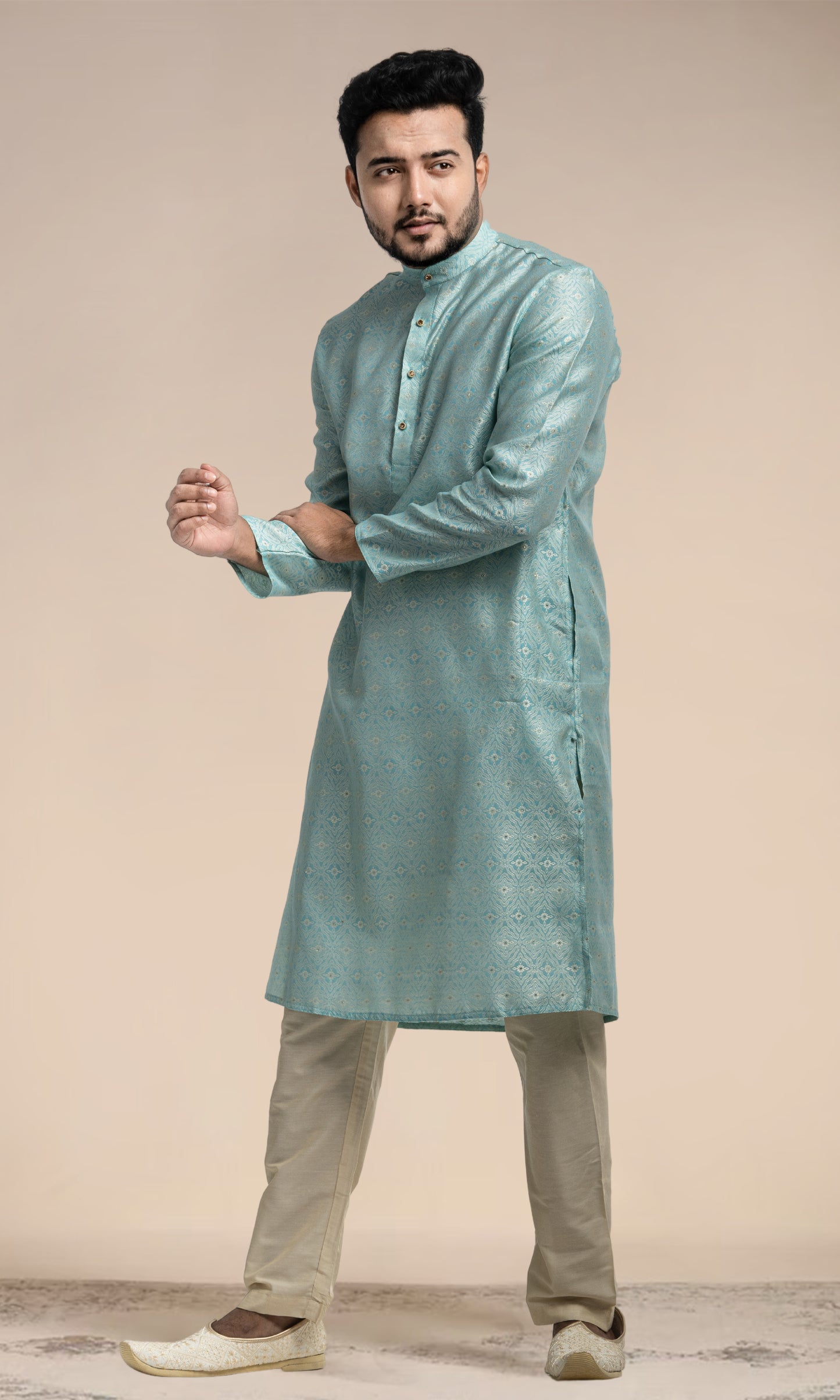 POWDER BLUE MEDALLION WEAVED KURTA WITH GOLDEN ZARI