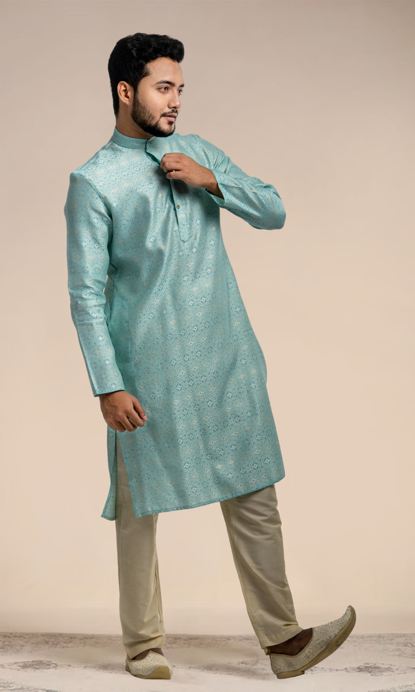 POWDER BLUE MEDALLION WEAVED KURTA WITH GOLDEN ZARI