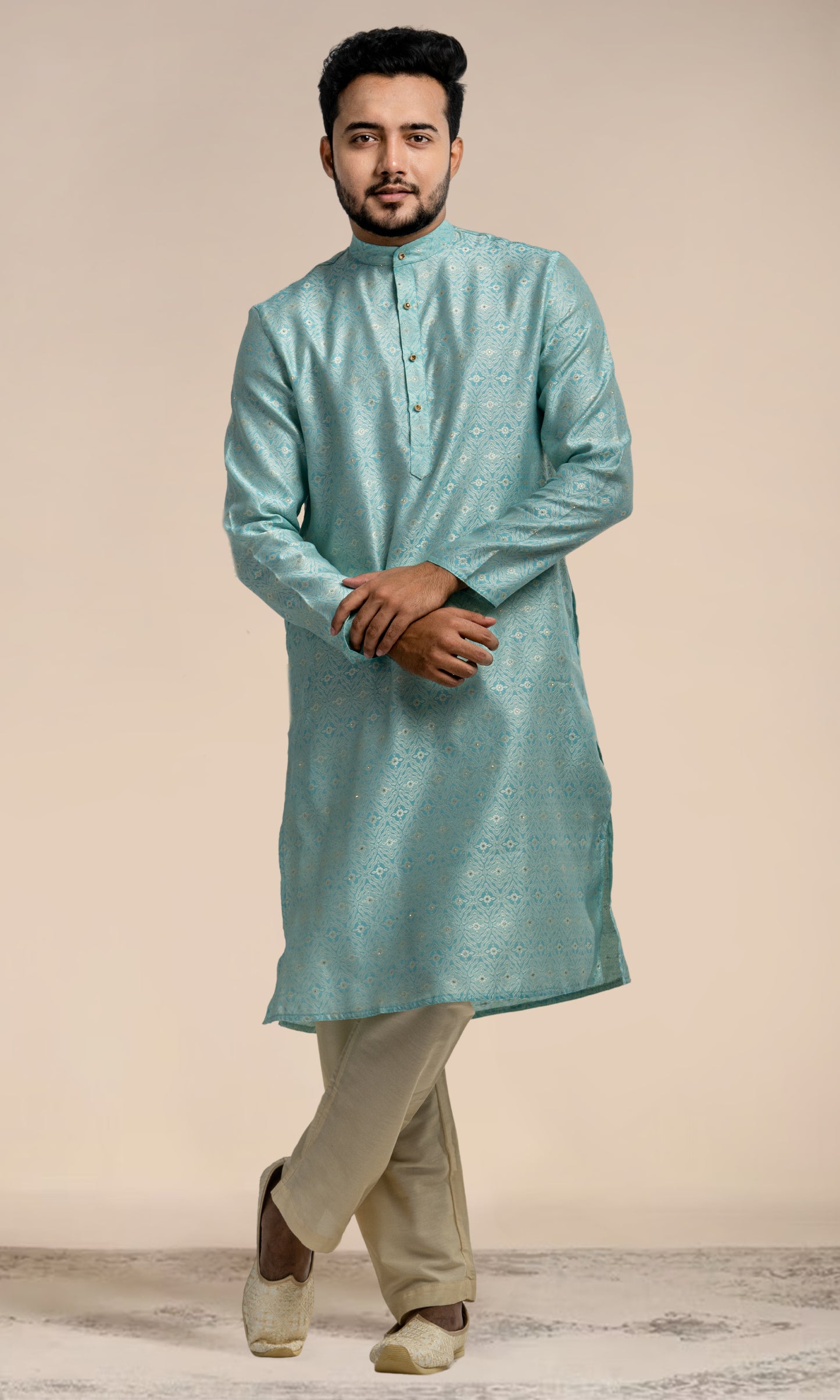 POWDER BLUE MEDALLION WEAVED KURTA WITH GOLDEN ZARI