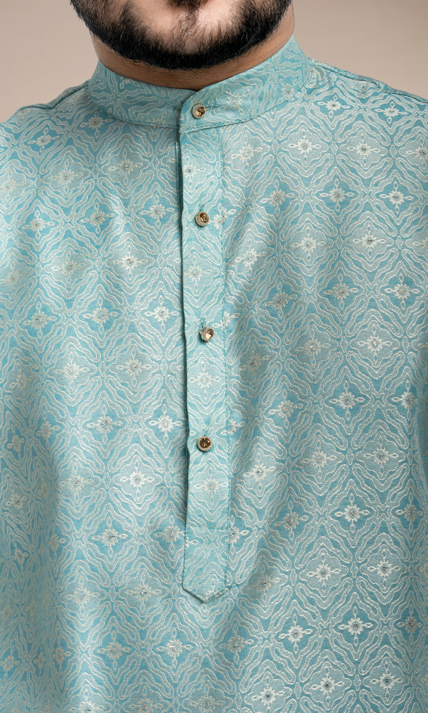 POWDER BLUE MEDALLION WEAVED KURTA WITH GOLDEN ZARI