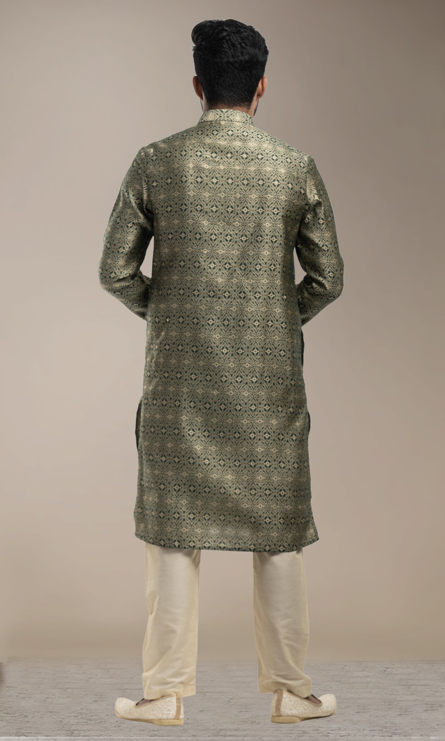 BOTTLE GREEN MEDALLION WWEAVED KURTA WITH GOLDEN ZARI