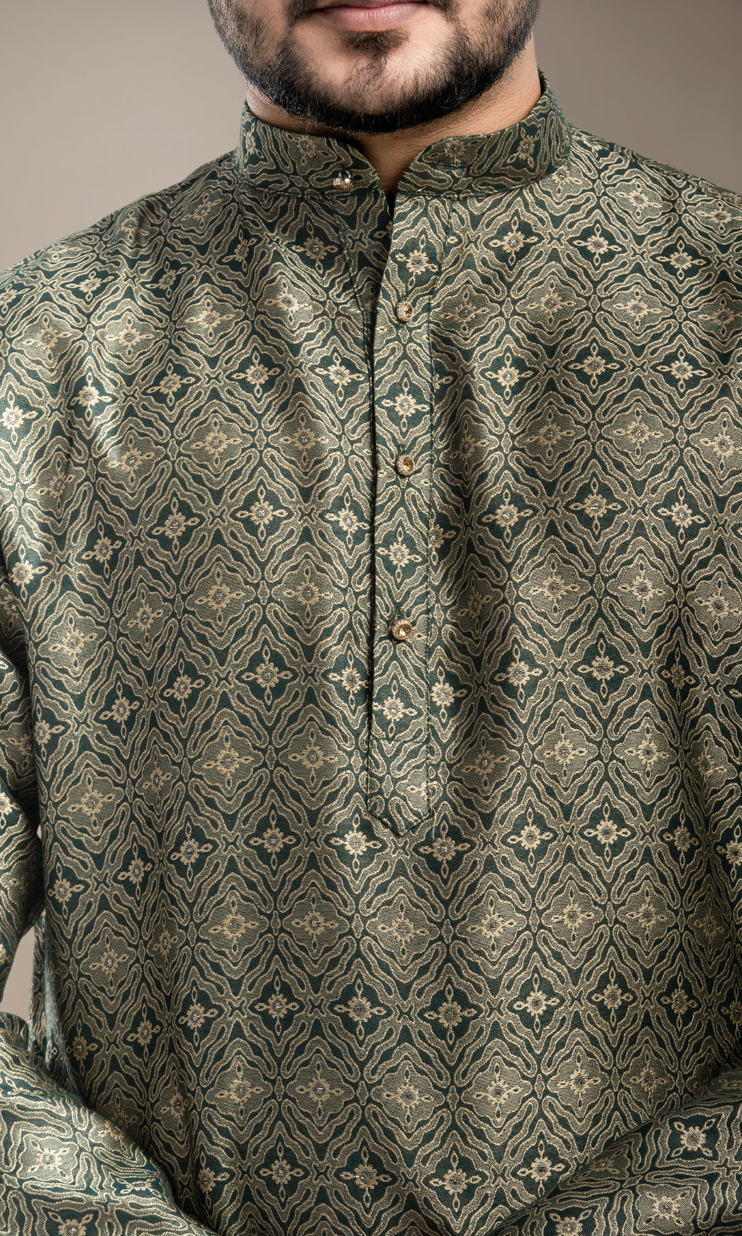 BOTTLE GREEN MEDALLION WWEAVED KURTA WITH GOLDEN ZARI