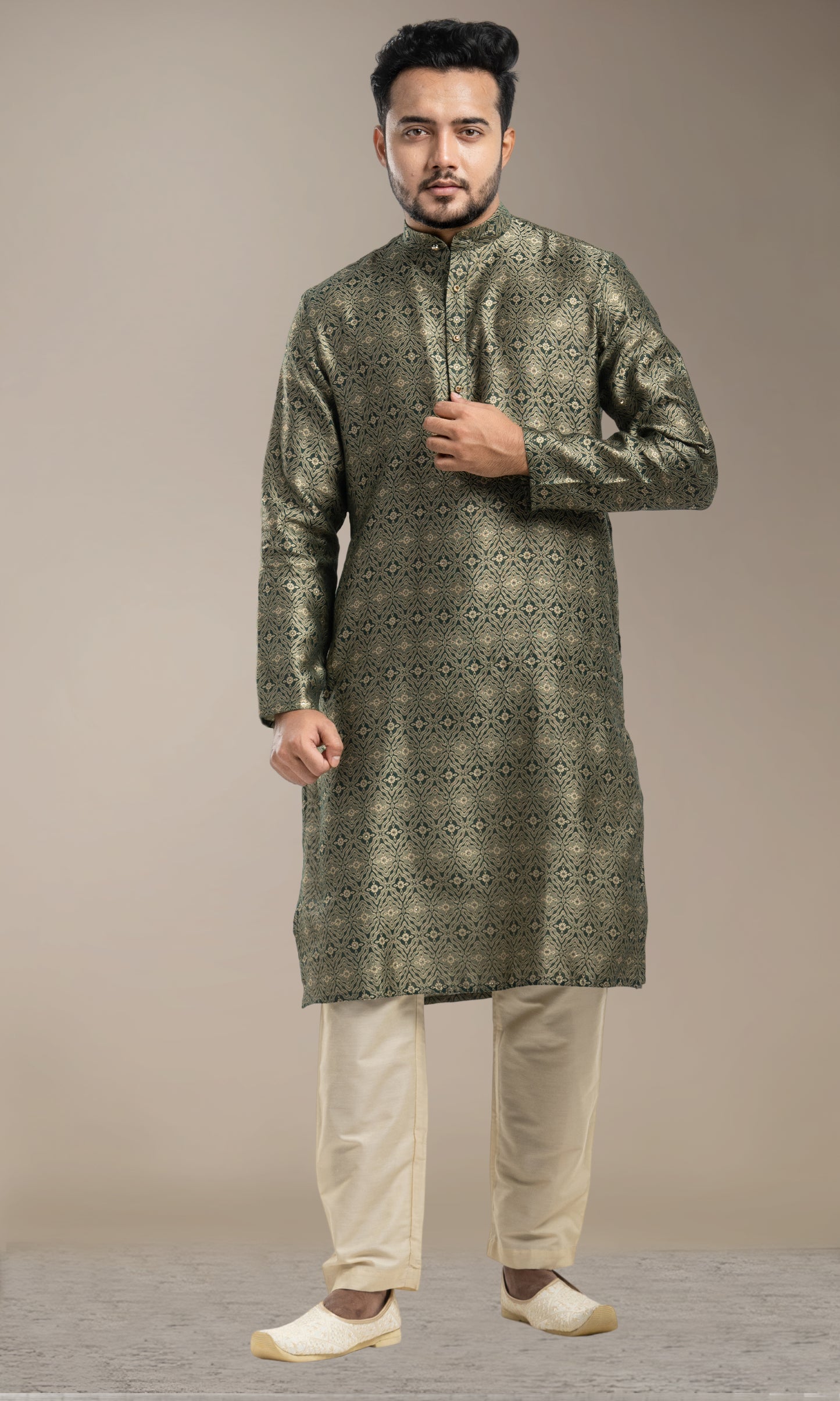 BOTTLE GREEN MEDALLION WWEAVED KURTA WITH GOLDEN ZARI