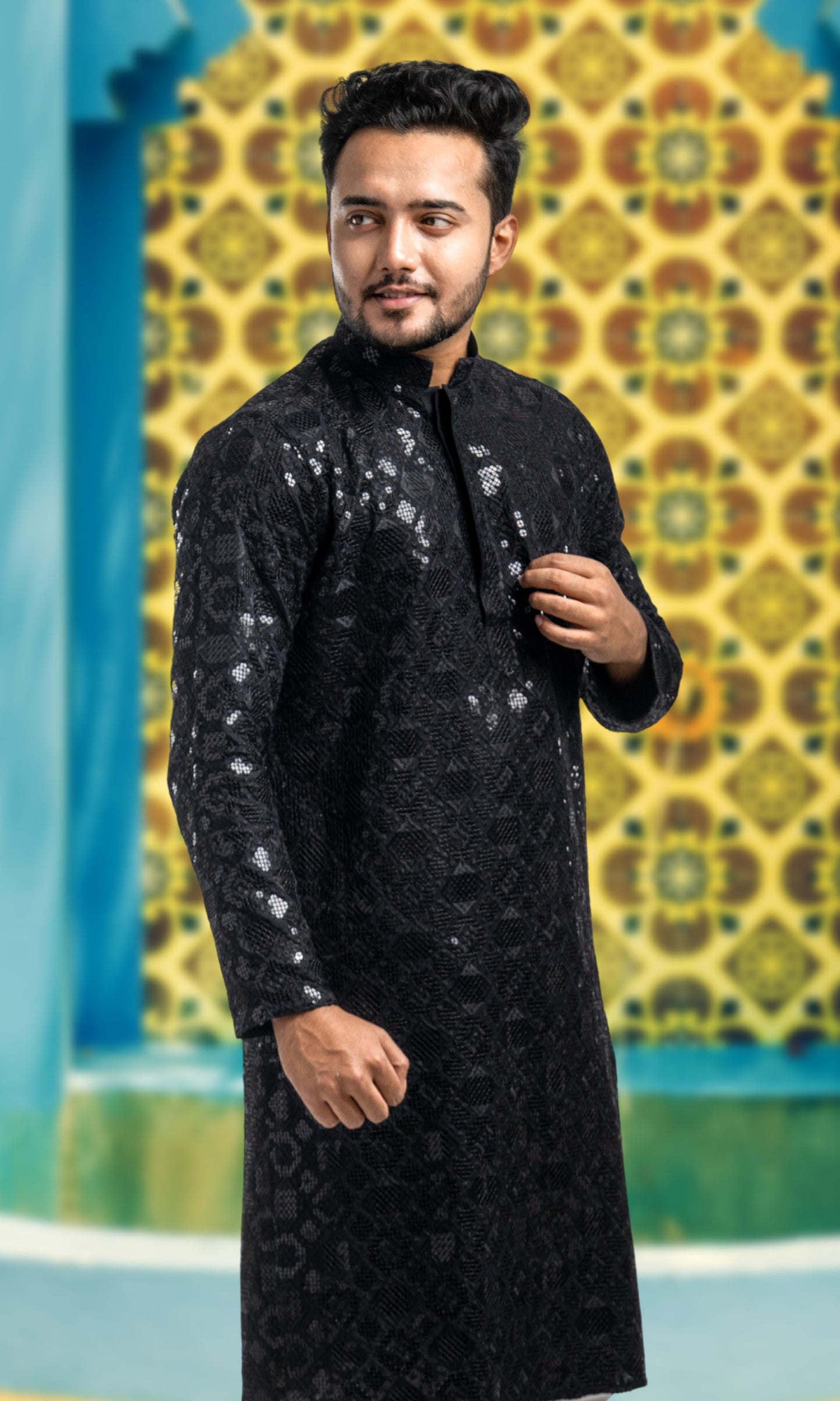 BLACK SEQUIN EMBELLISHED CHIKANKARI KURTA