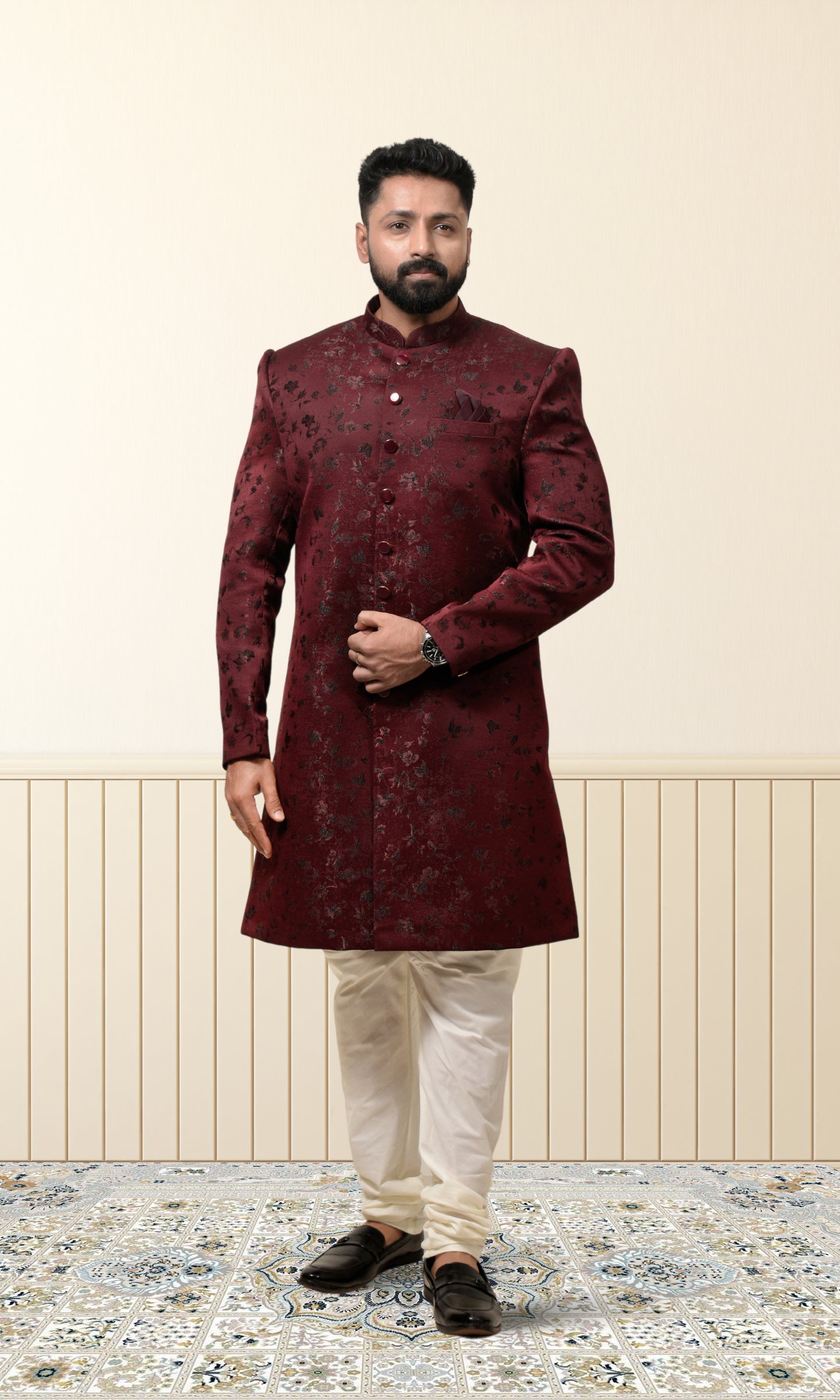 Burgundy Wine Indo-Western with Velvet Floral Embroidery