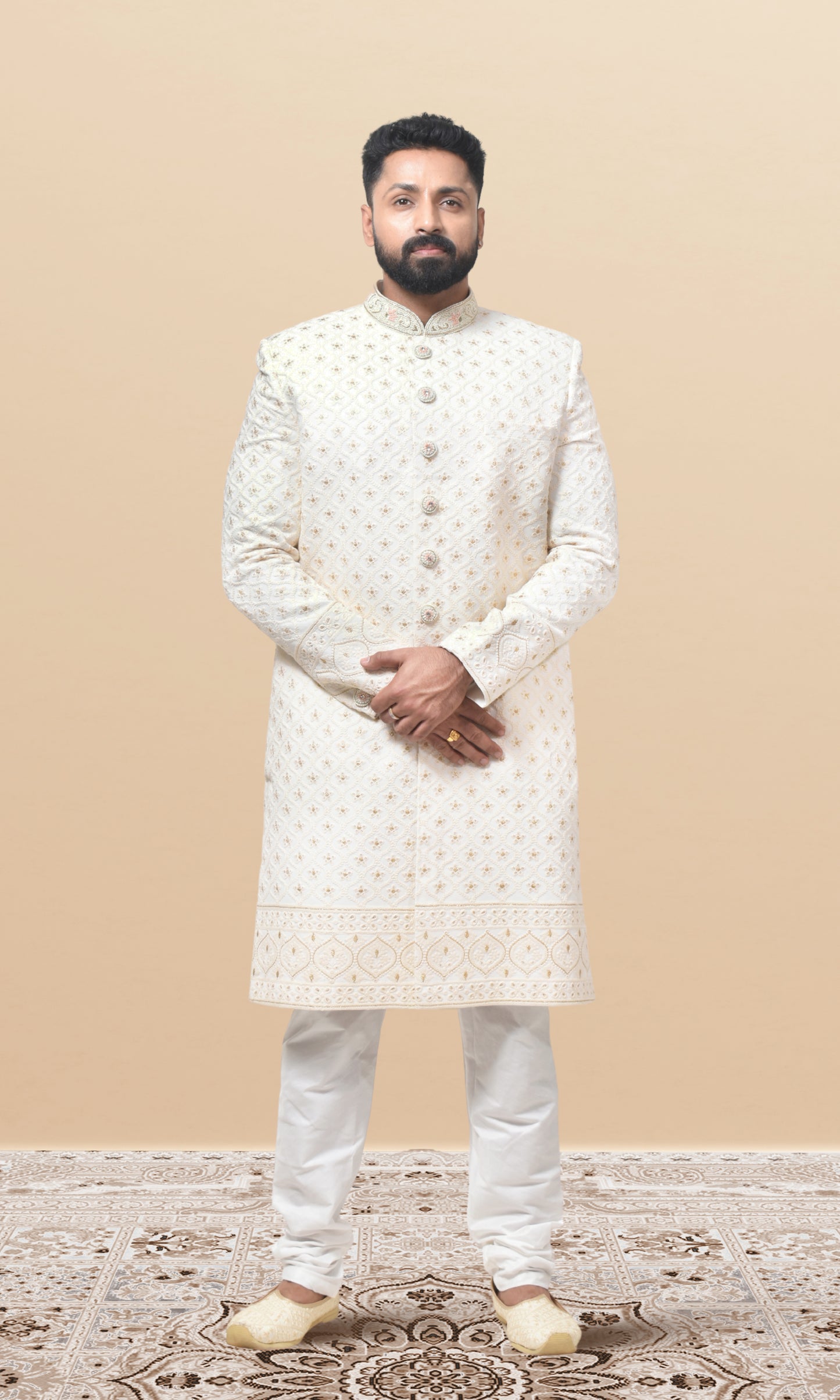 Champagne Gold Sherwani in Textured Georgette with Royal Collar Detailing