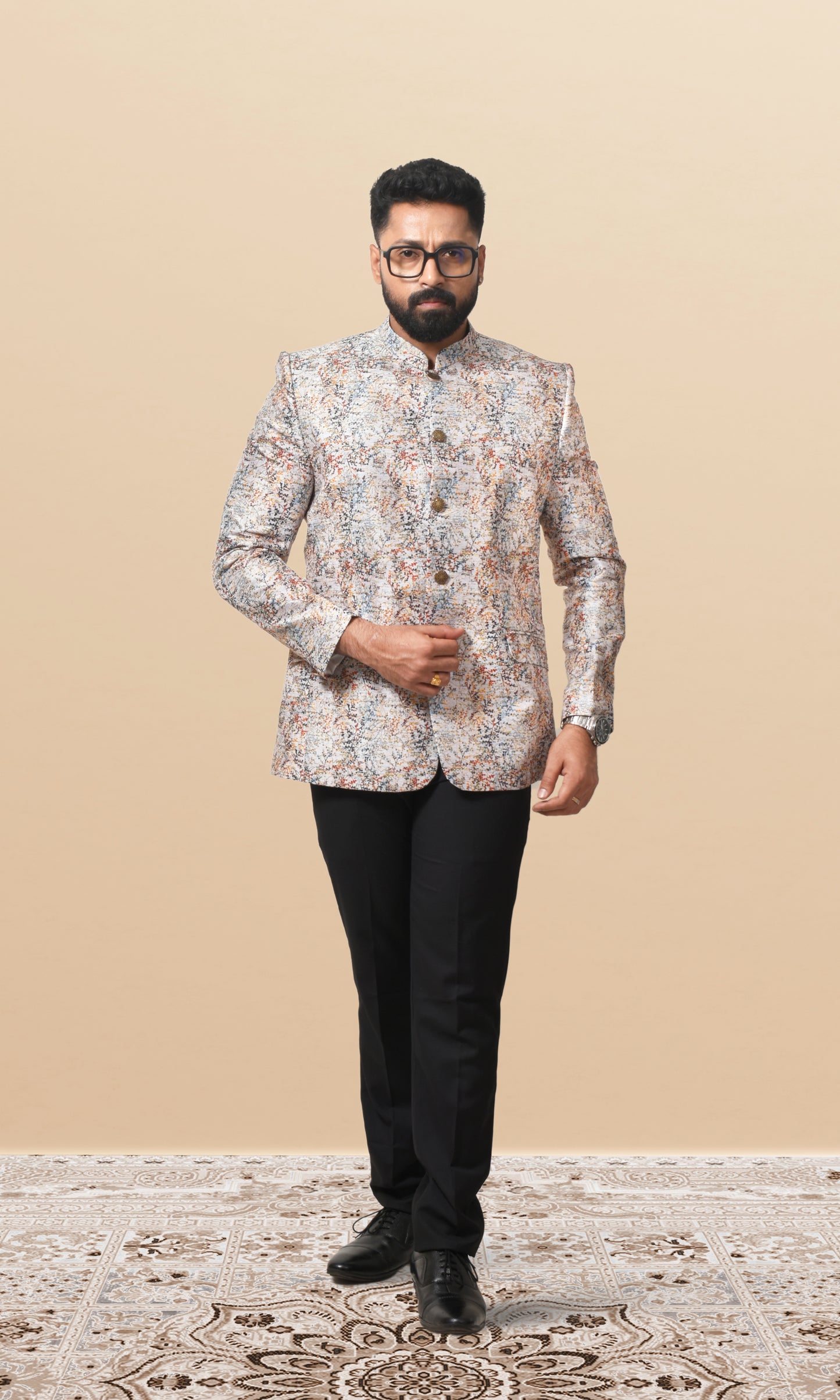 Artistic abstract print bandhgala in off-white with multicolor accents