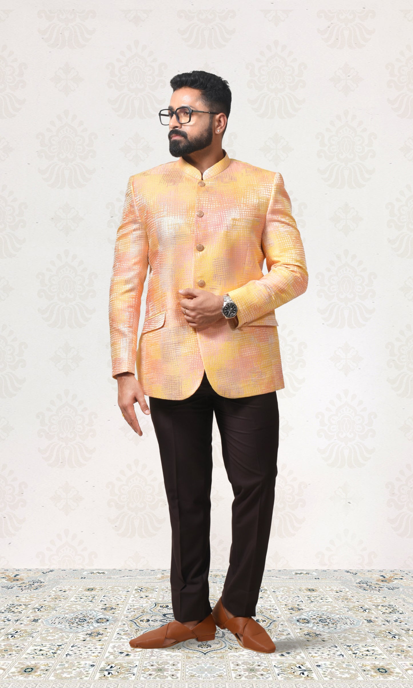 Sunlit Gold Bandhgala with Shimmering Crosshatch Design