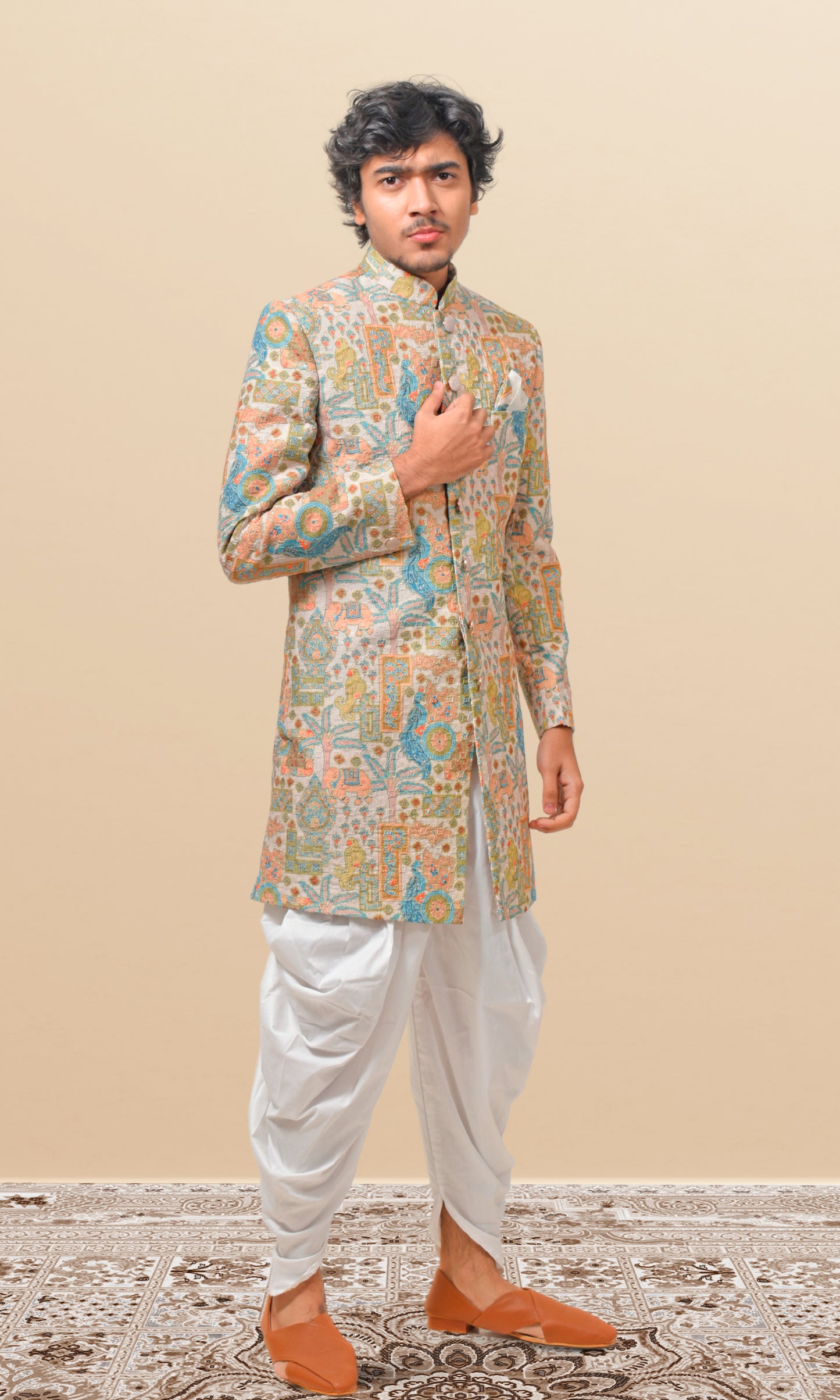Ivory Mosaic Indo-Western with Majestic Fauna Embroidery