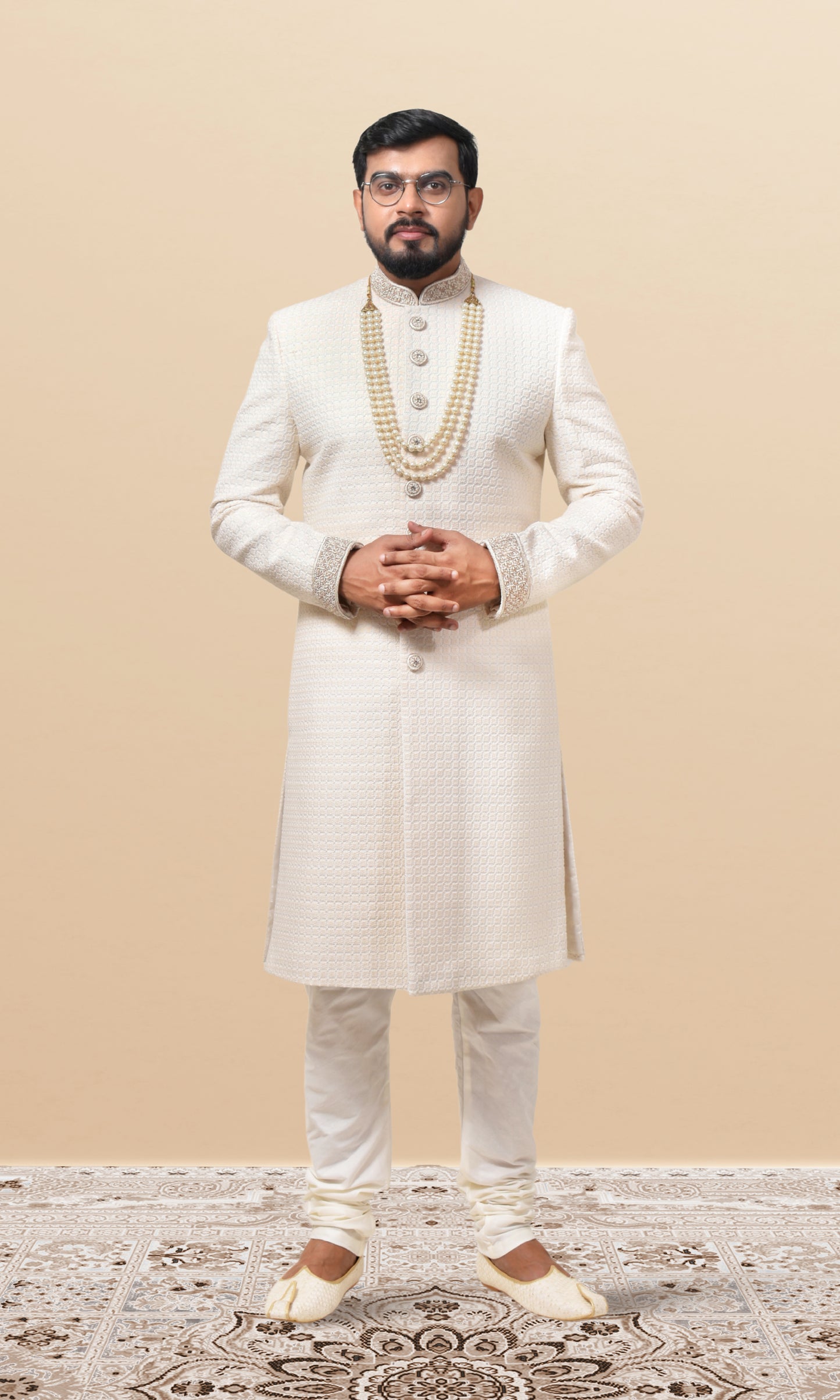 Pearl White Grid-Pattern Sherwani with Embroidered Cuffs & Jewel Buttons