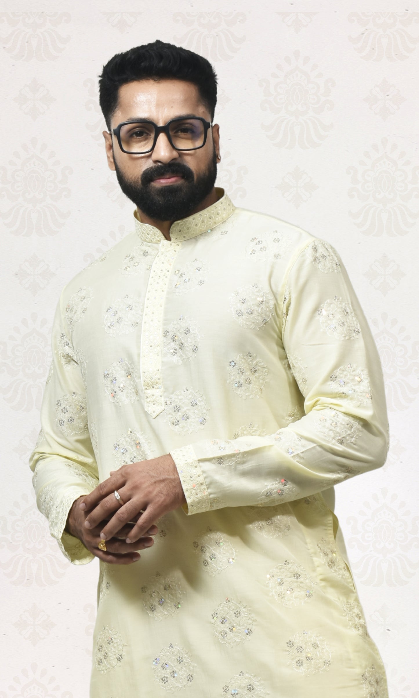 Golden Buttercream Kurta with Delicate Crystal & Floral Embroidery