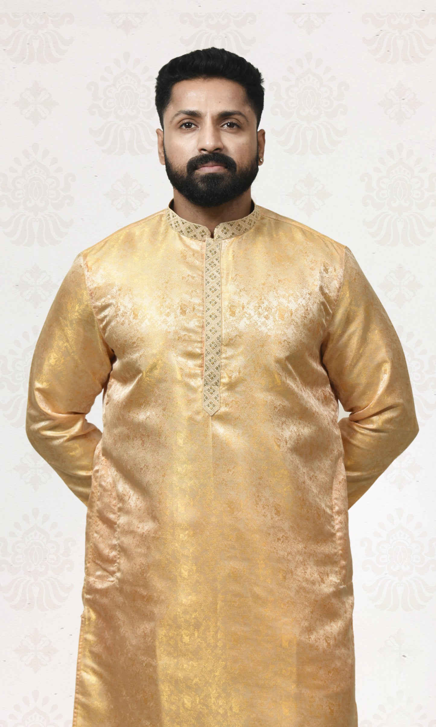 Silken Blush Yellow Ochre Kurta with Royal Embossed Detailing