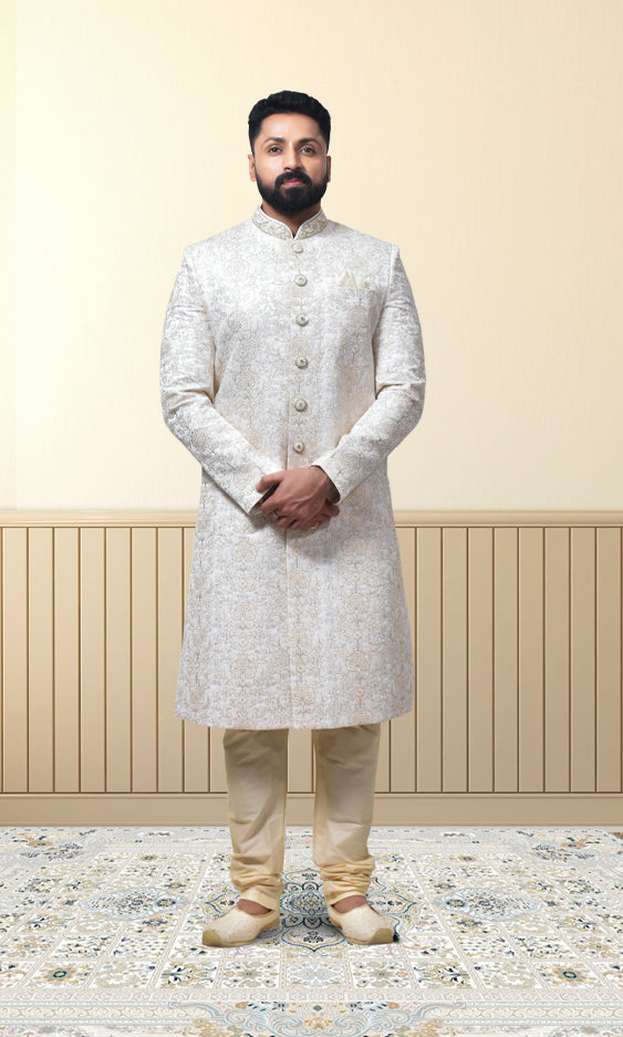 Champagne Cream Zari Embroidered Sherwani with Regal Threadwork & Jewel Buttons