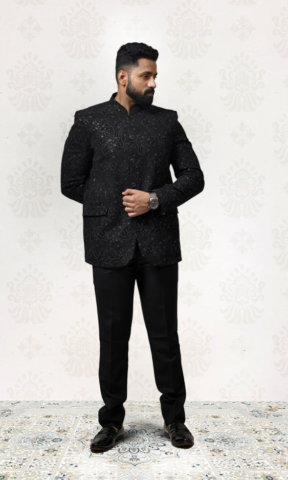 Midnight Black Luxe Floral Bandhgala with Shimmering Sequin Accents