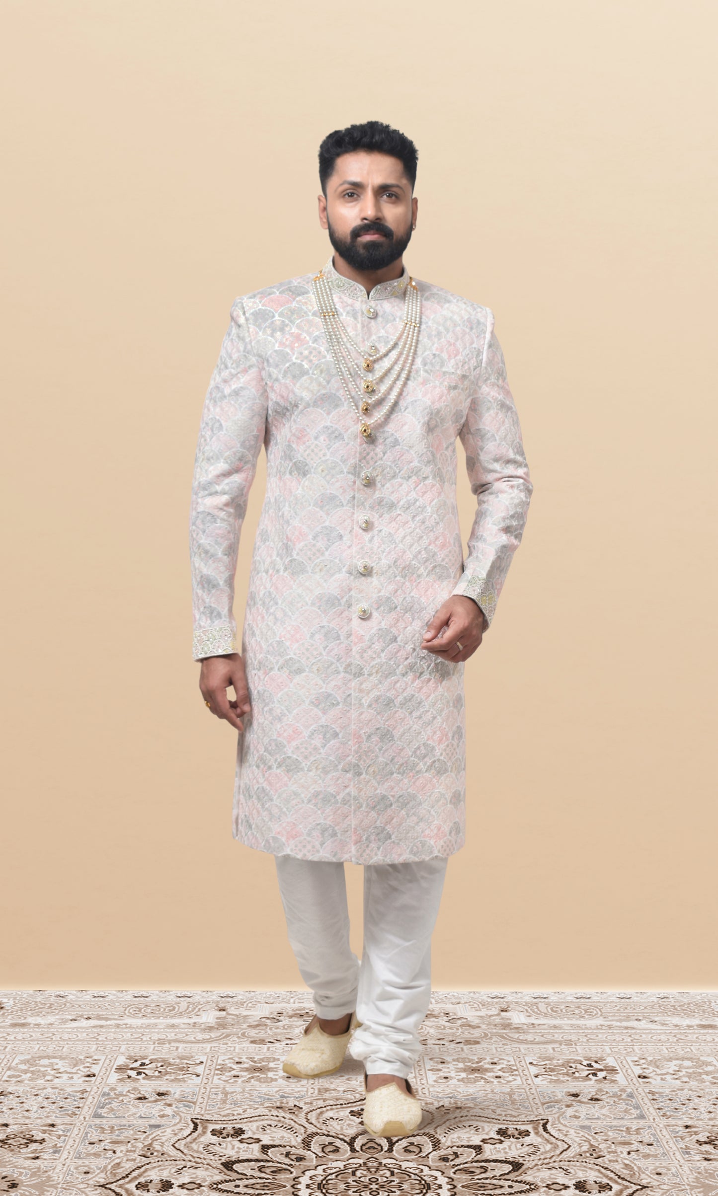 Moonlit Rose Scallop-Embroidered Sherwani with Enchanted Pastel Accents & Ornate Collar