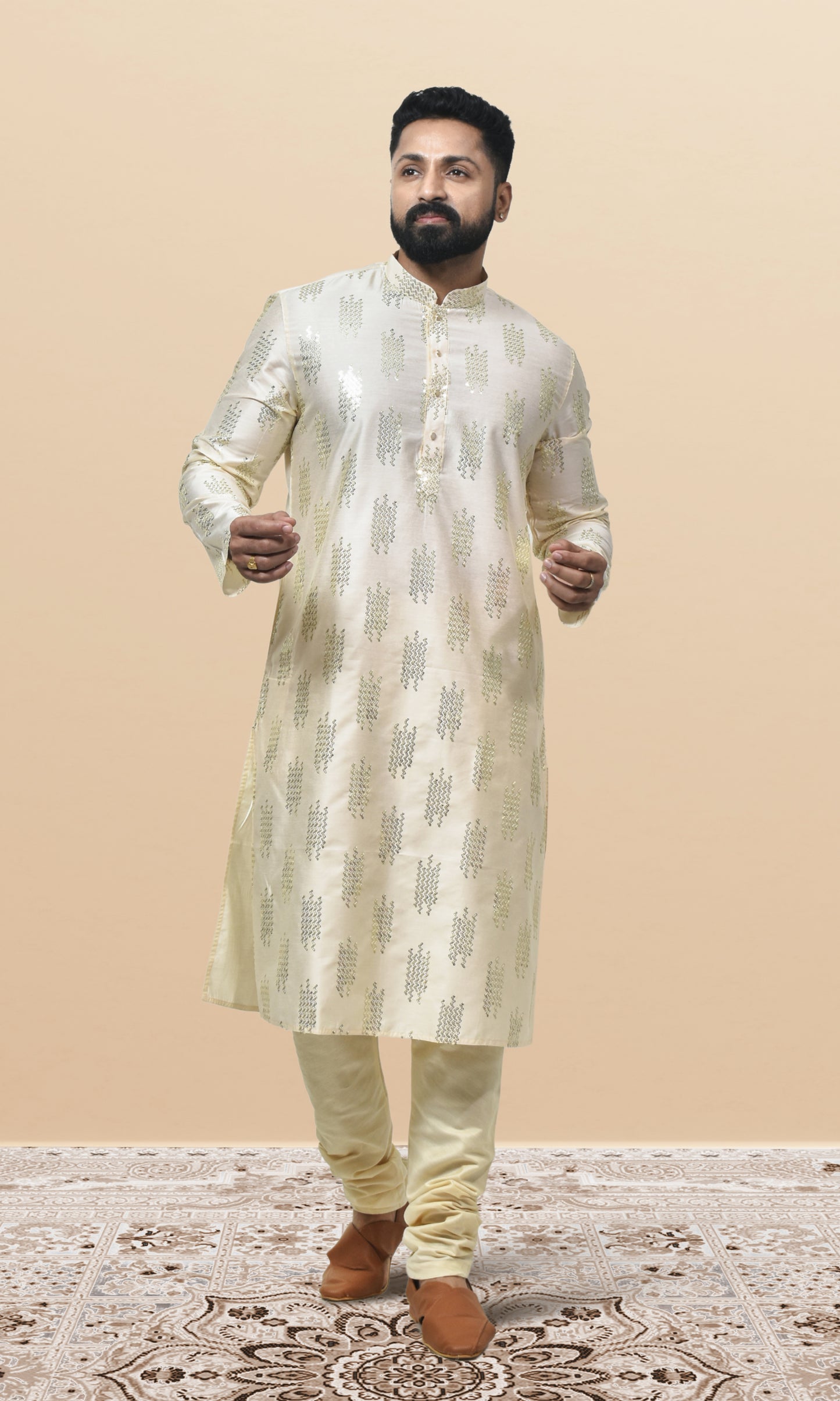 Ivory Butterscotch Cream Majesty Kurta with Shimmering Sequin Embellishments