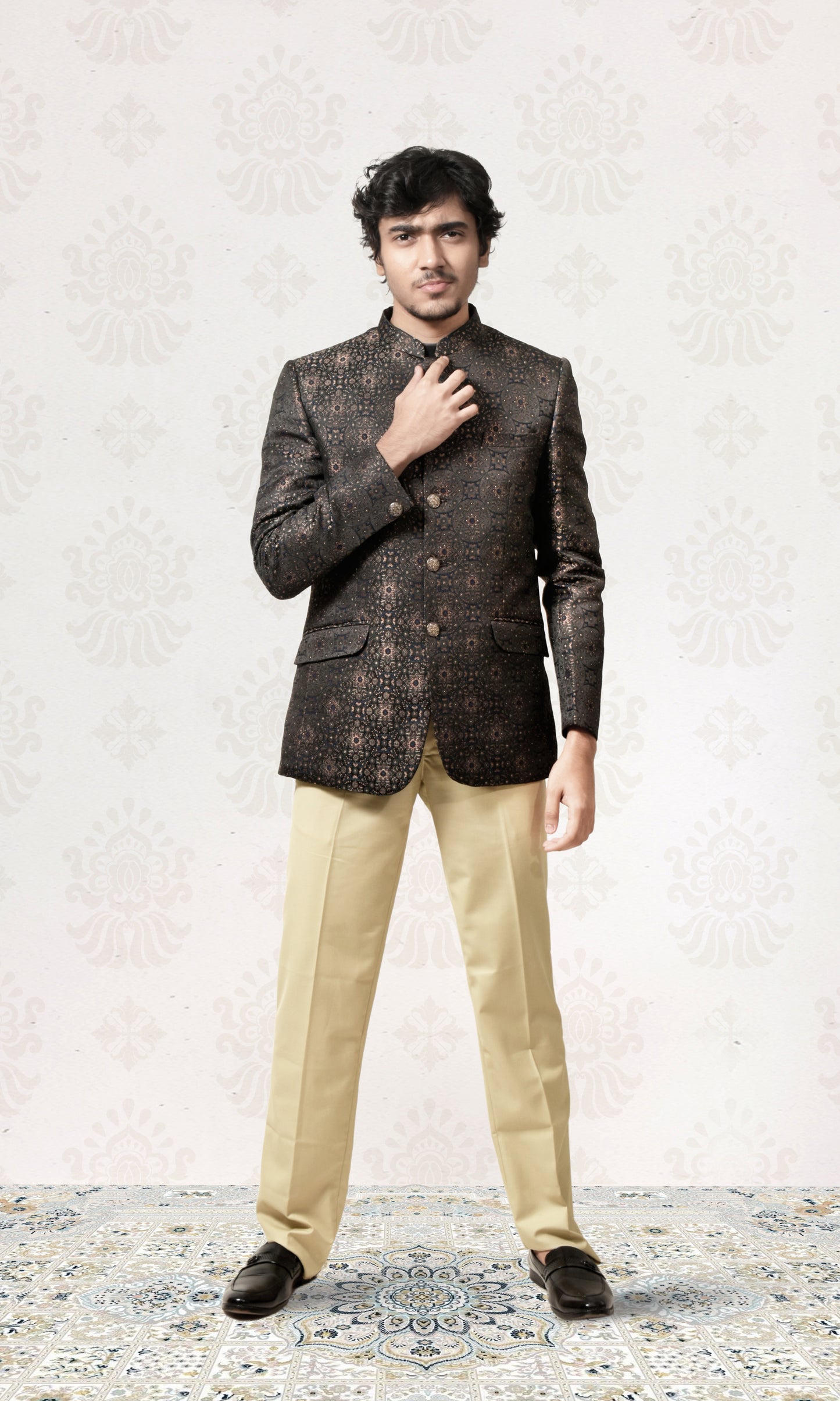 Elegant navy brocade bandhgala with luxurious golden detailing