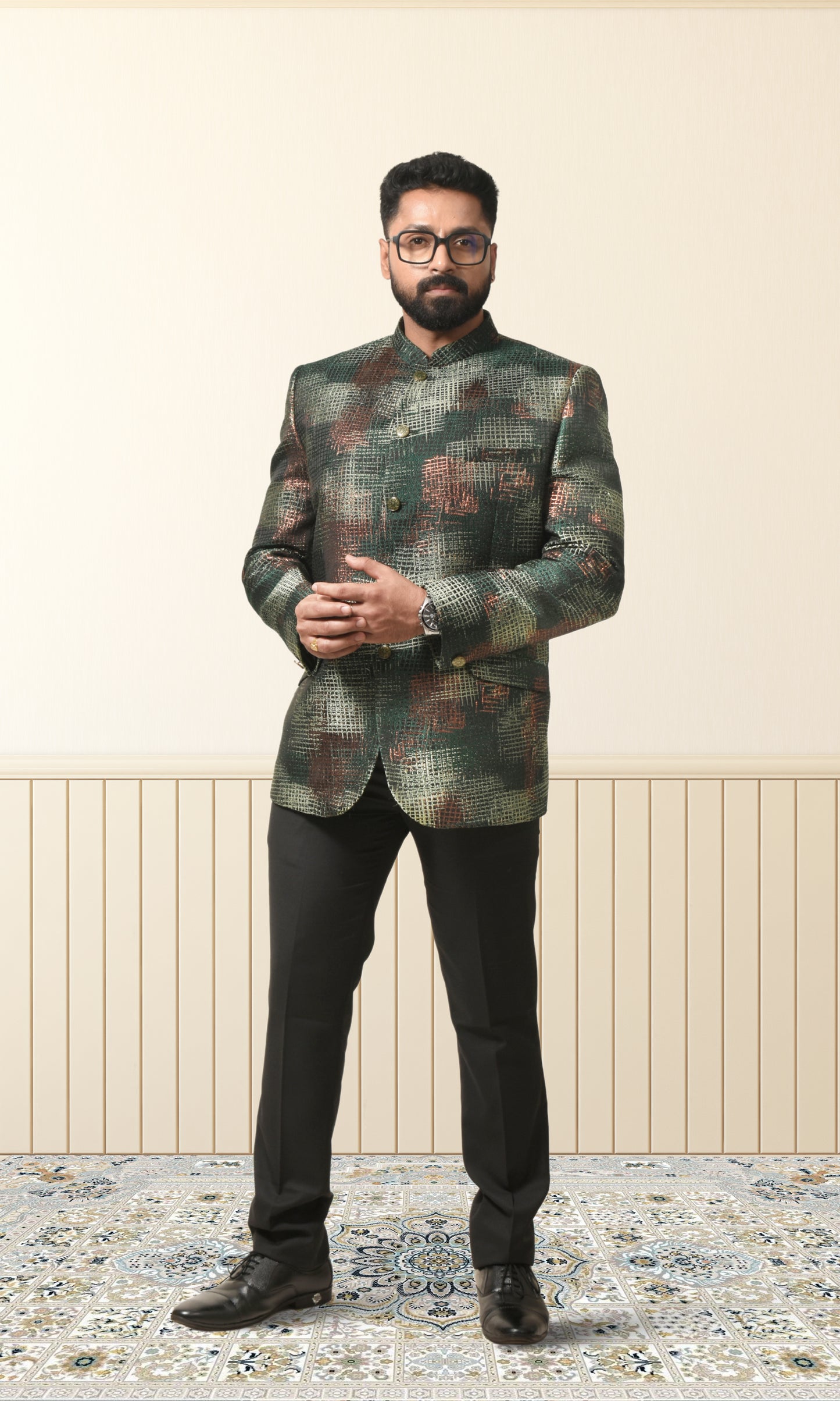 Forest green bandhgala with a Shimmering crosshatch design