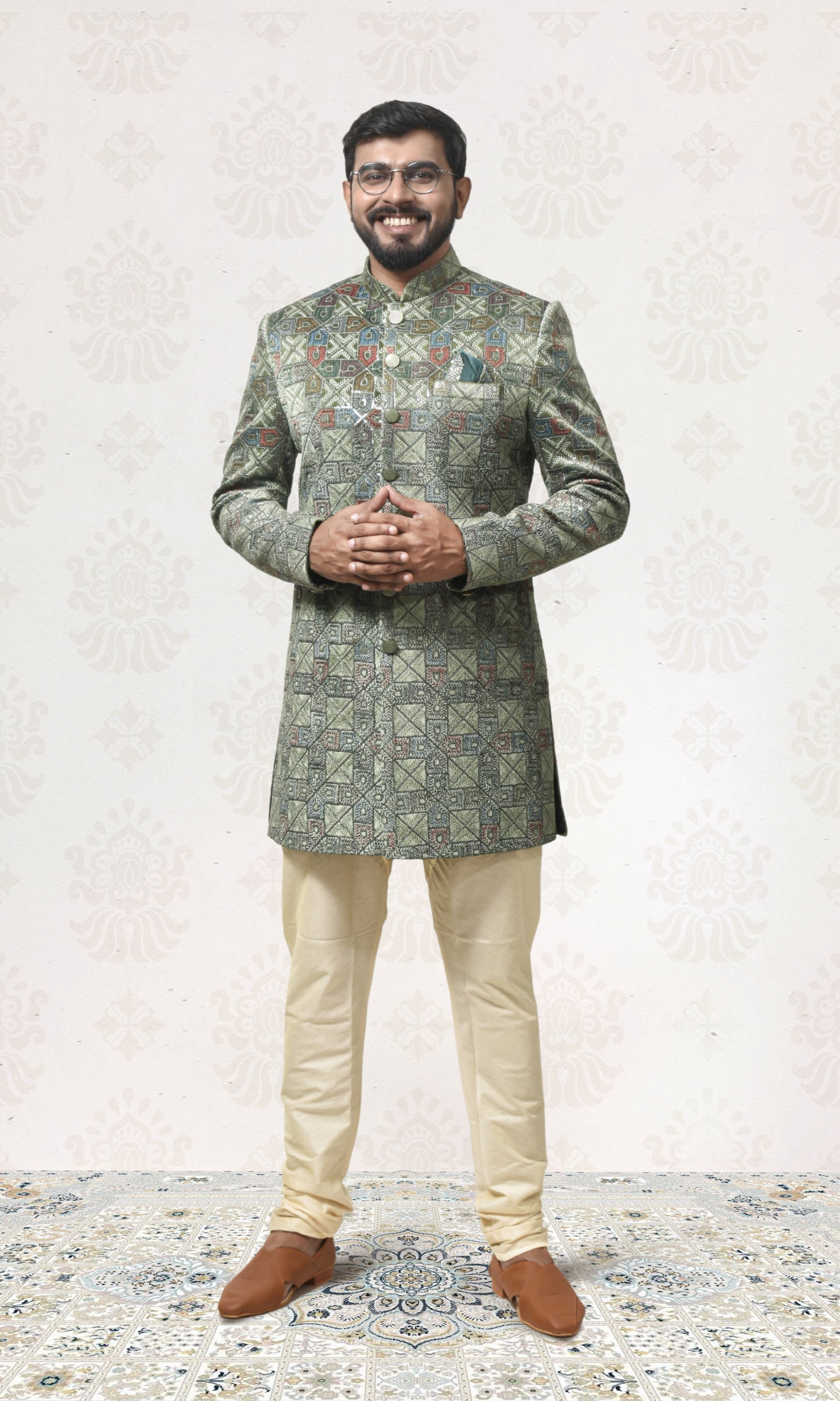 Emerald Green Enigma Indo-Western with Geometric Foliage Embroidery