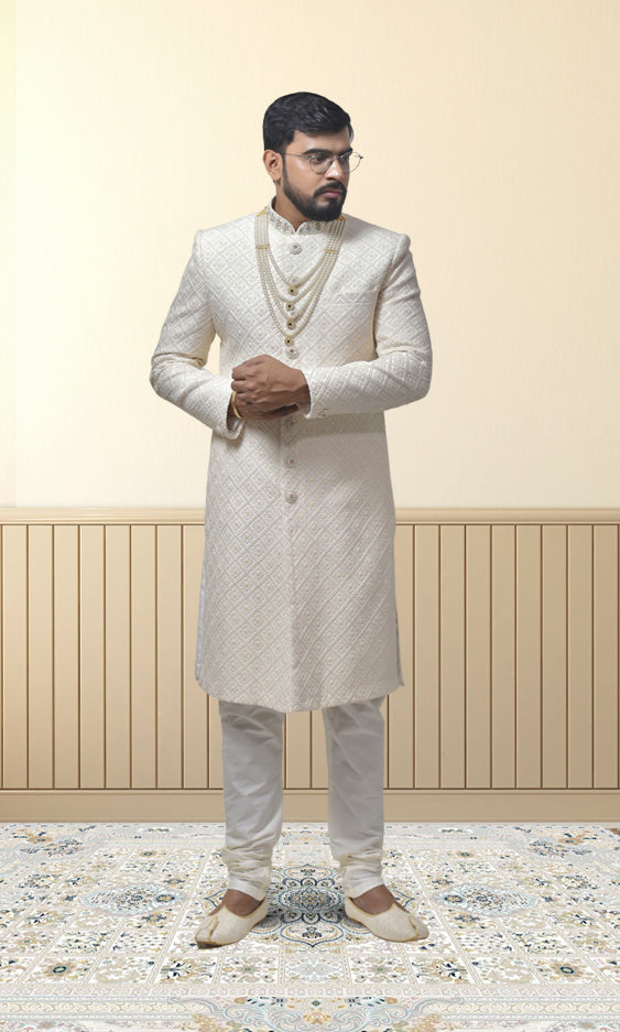 Ivory Diamond-Textured Sherwani with Embellished Buttons & Regal Pearl Accents