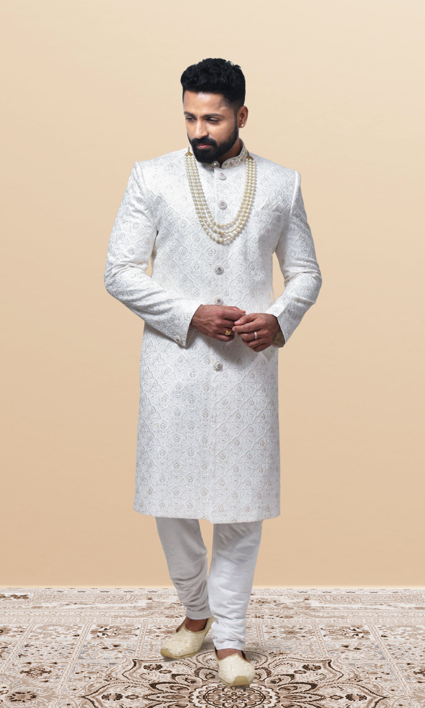 Celestial Ivory Tapestry Sherwani with Lustrous Pearl Encrustations & Ornate Filigree Collar