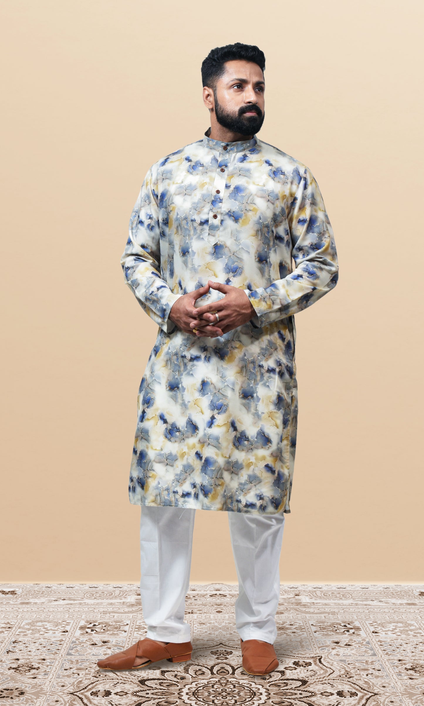 Celestial Ivory & Blue Marbled Kurta with Royal Gold Veins